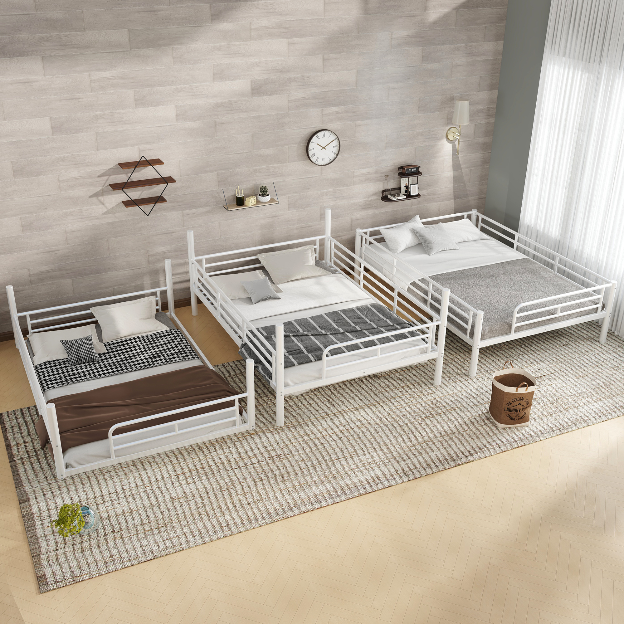 Full over Full over Full Bunk Bed, Metal Triple Bunk Bed with Safety Guardrails, Heavy-duty Bunk Bed with Noise-reduced Design, White - Image 5