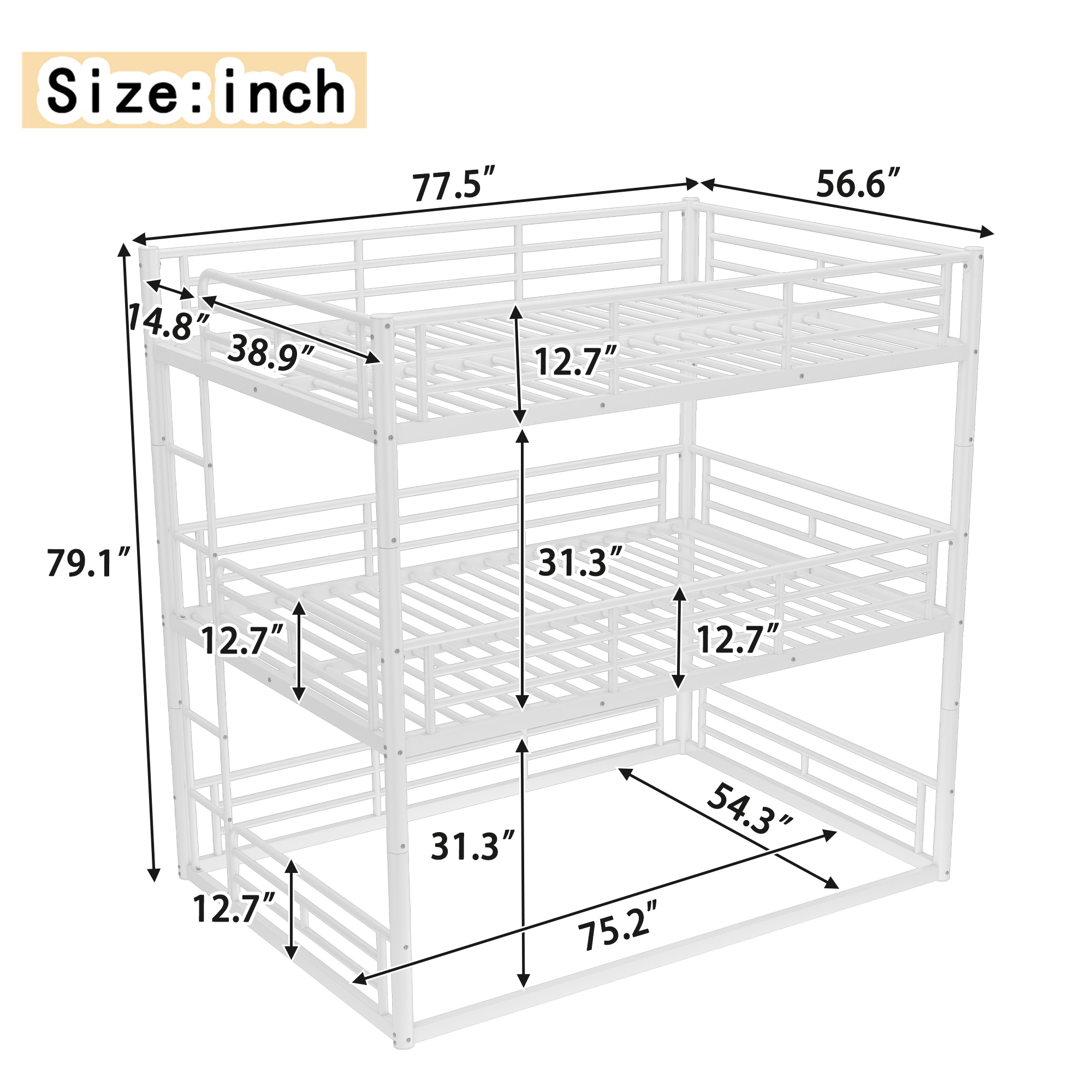 Full over Full over Full Bunk Bed, Metal Triple Bunk Bed with Safety Guardrails, Heavy-duty Bunk Bed with Noise-reduced Design, White - Image 6