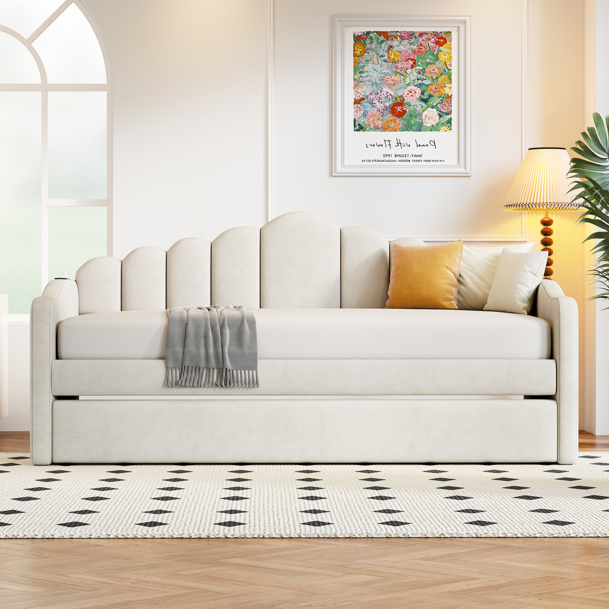 Twin size Upholstered Daybed with Trundle ,Velvet Sofabed with USB Charging Ports,No Box-spring Needed,Beige( Old SKU:HL000067AAA) - Image 3