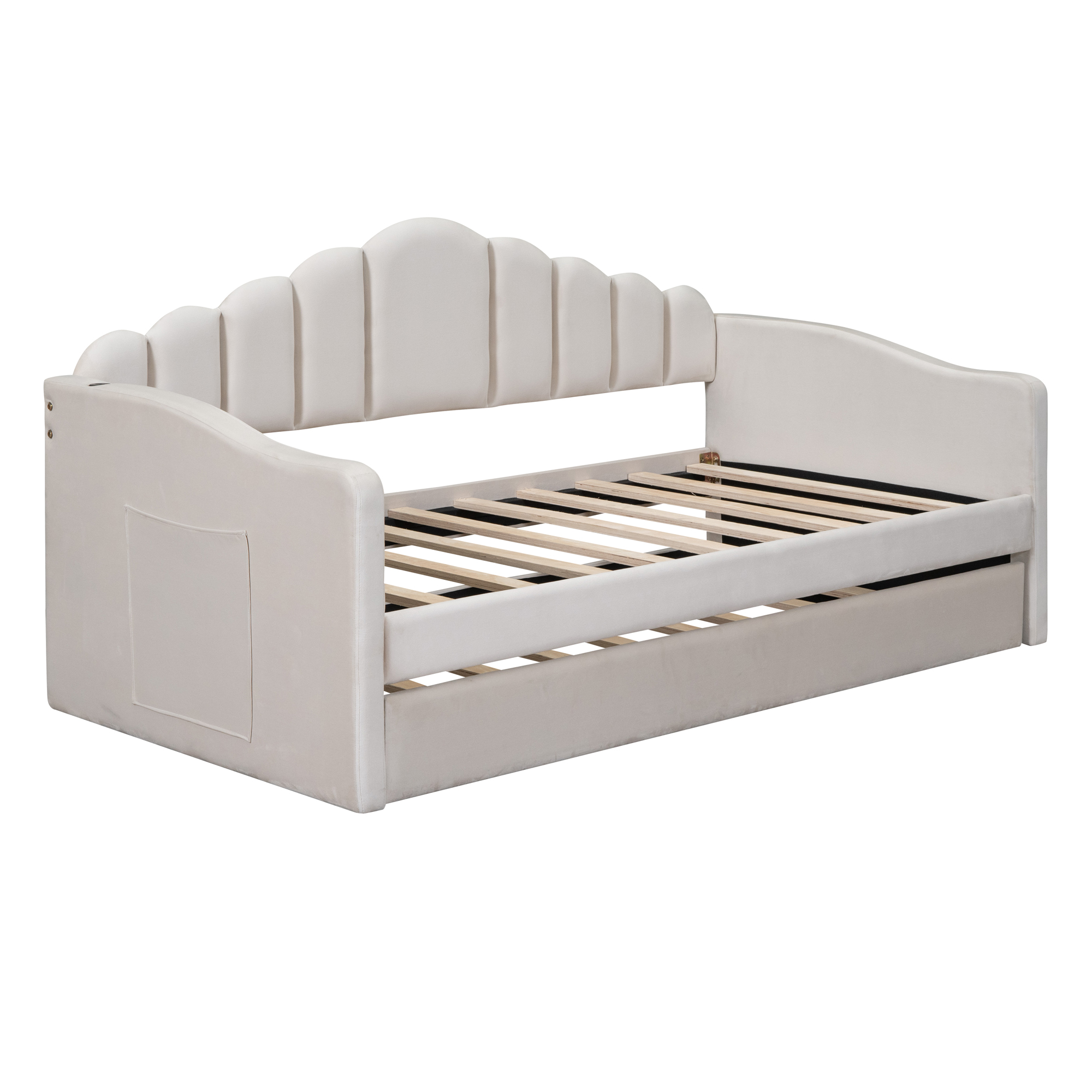 Twin size Upholstered Daybed with Trundle ,Velvet Sofabed with USB Charging Ports,No Box-spring Needed,Beige( Old SKU:HL000067AAA) - Image 4