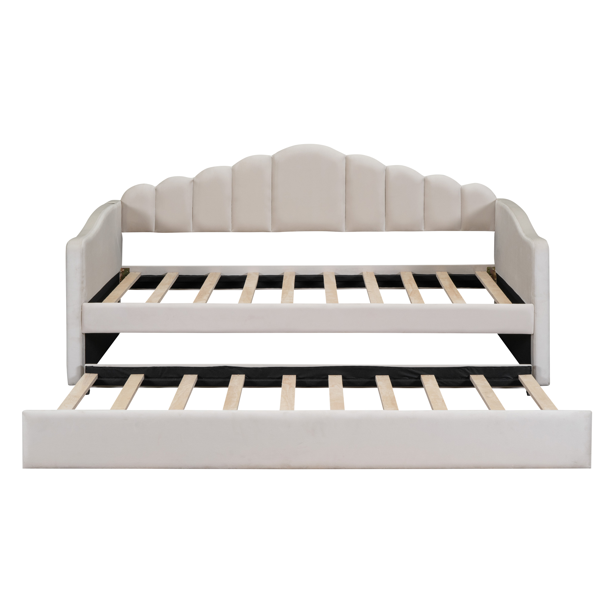 Twin size Upholstered Daybed with Trundle ,Velvet Sofabed with USB Charging Ports,No Box-spring Needed,Beige( Old SKU:HL000067AAA) - Image 6