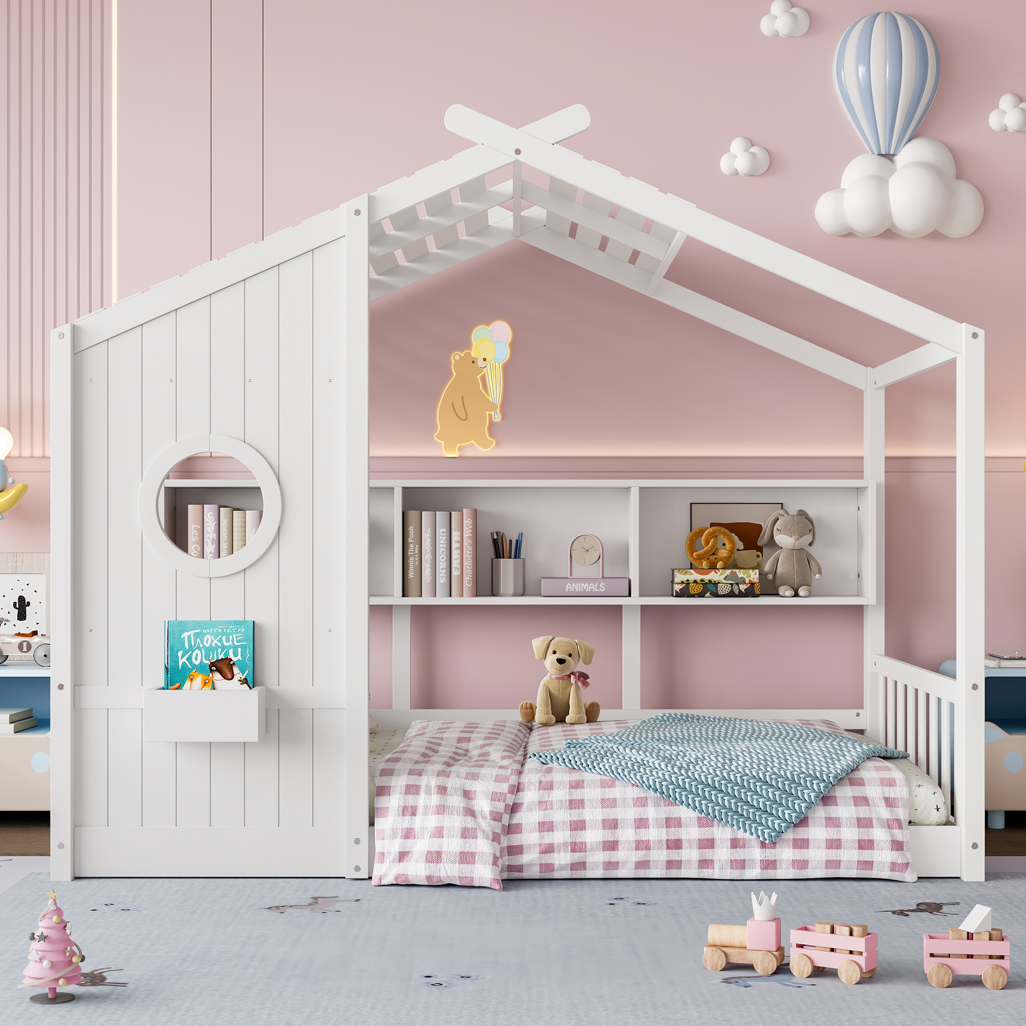 Twin Size Floor House Bed for Toddler, Kids Montessori Bed with Storage Shelf, Playhouse Bed with Roof Design, White - Image 1