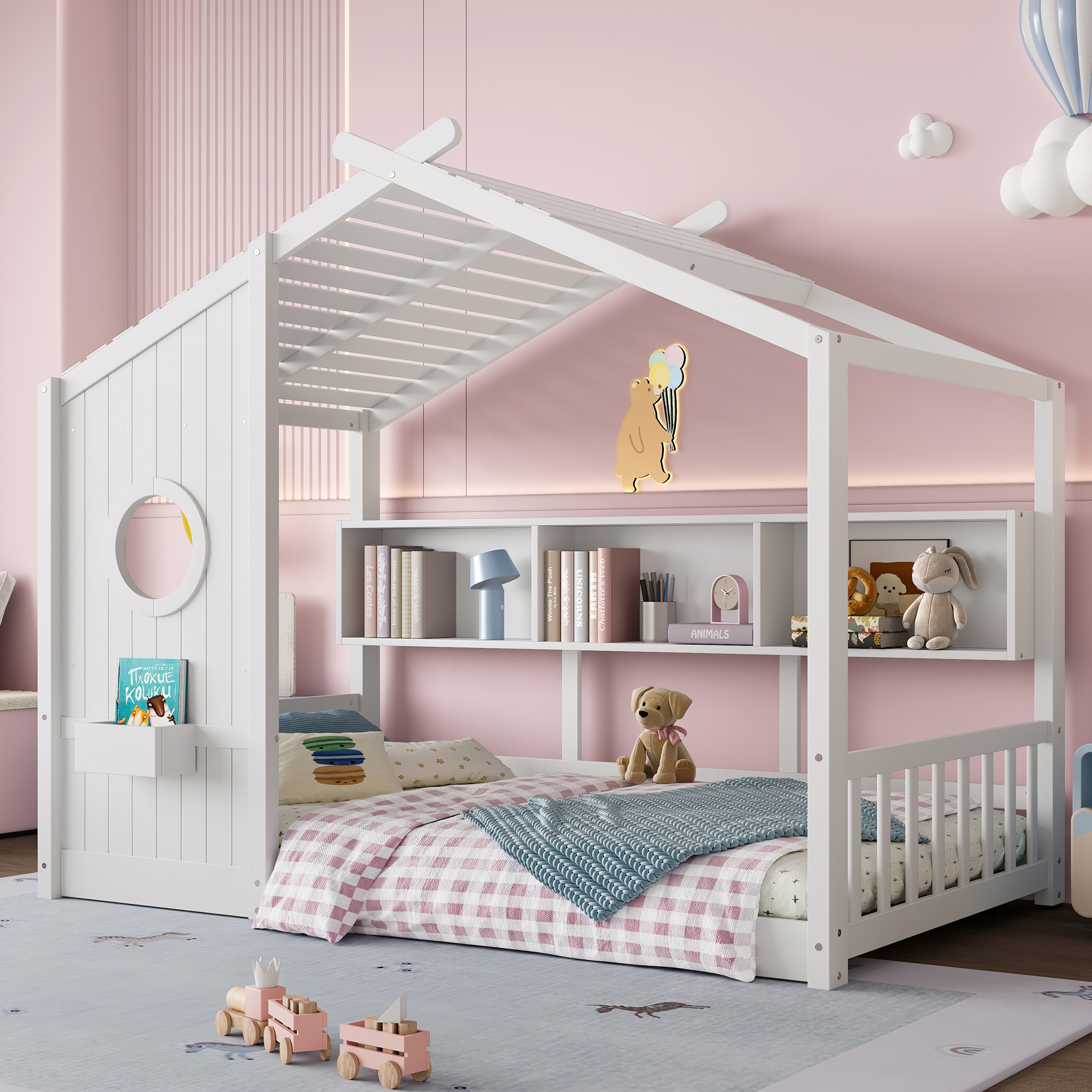 Twin Size Floor House Bed for Toddler, Kids Montessori Bed with Storage Shelf, Playhouse Bed with Roof Design, White - Image 2