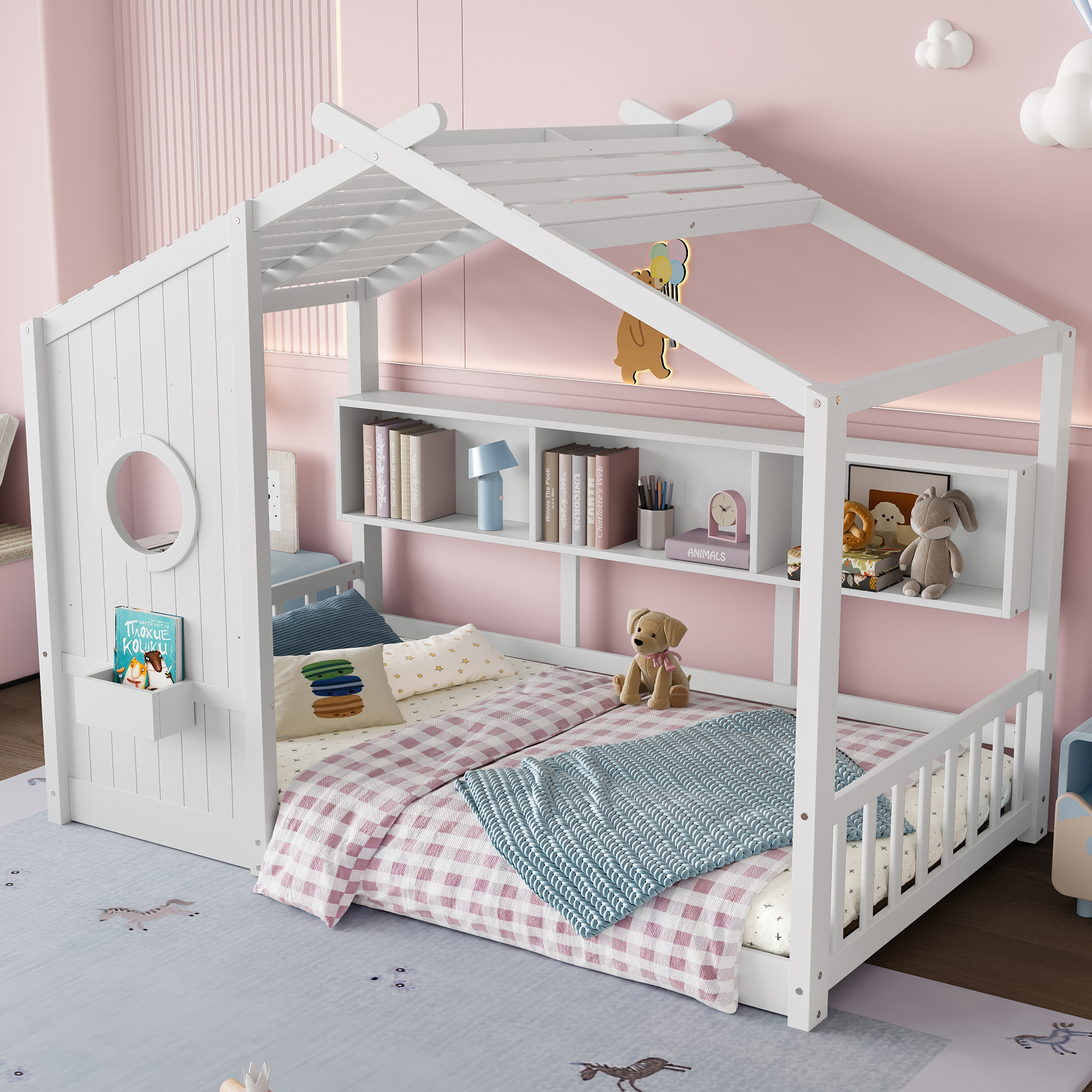 Twin Size Floor House Bed for Toddler, Kids Montessori Bed with Storage Shelf, Playhouse Bed with Roof Design, White - Image 3