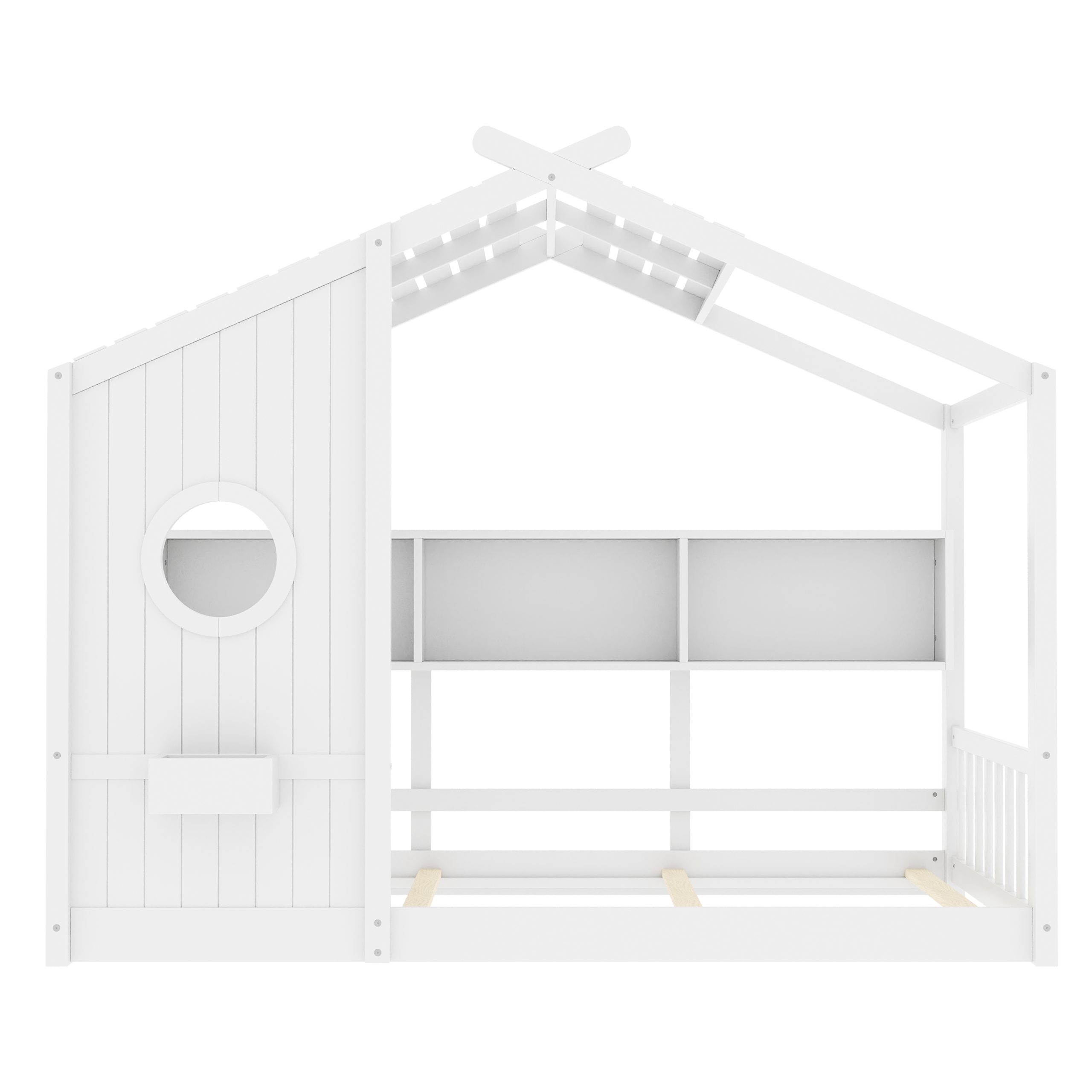 Twin Size Floor House Bed for Toddler, Kids Montessori Bed with Storage Shelf, Playhouse Bed with Roof Design, White - Image 4