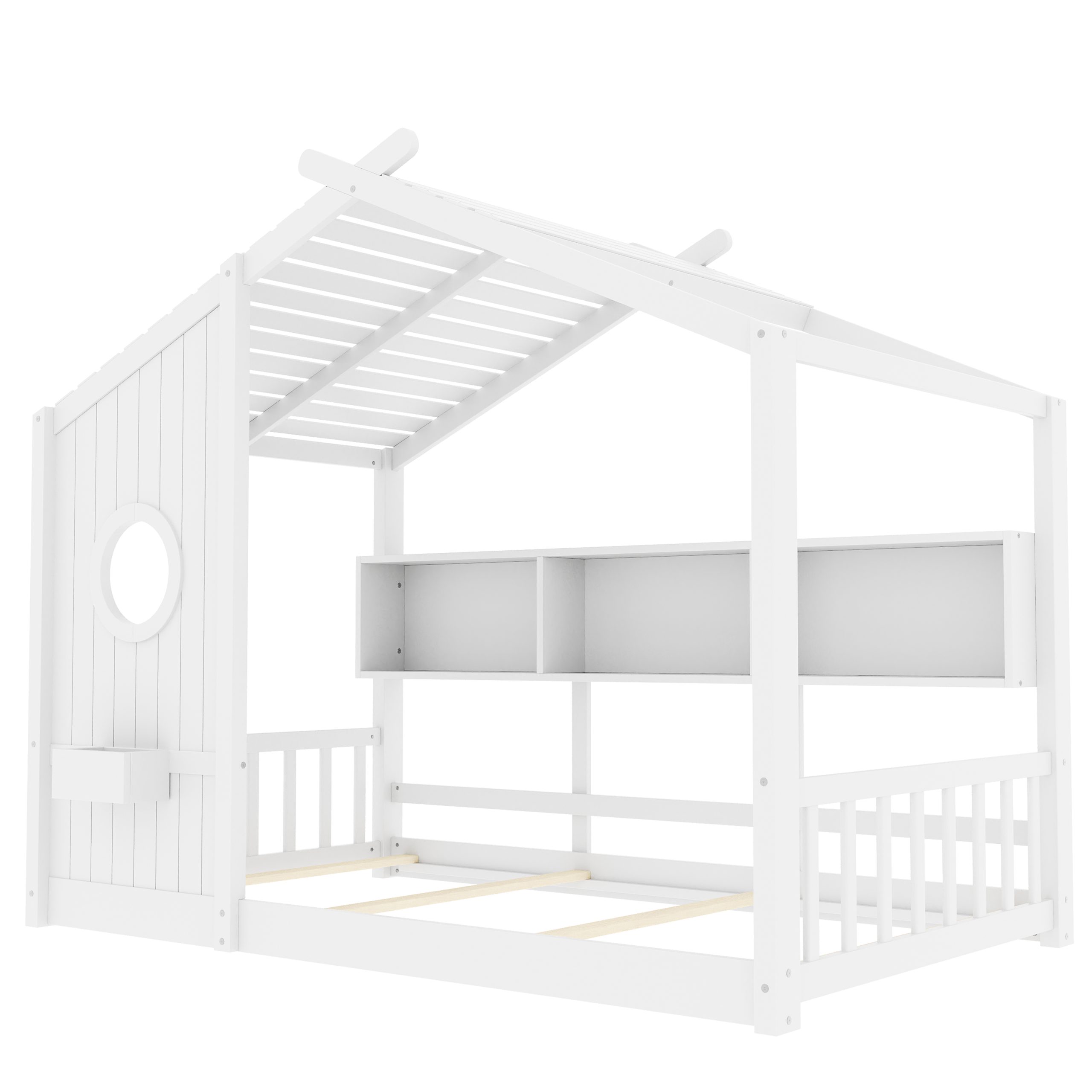 Twin Size Floor House Bed for Toddler, Kids Montessori Bed with Storage Shelf, Playhouse Bed with Roof Design, White - Image 5