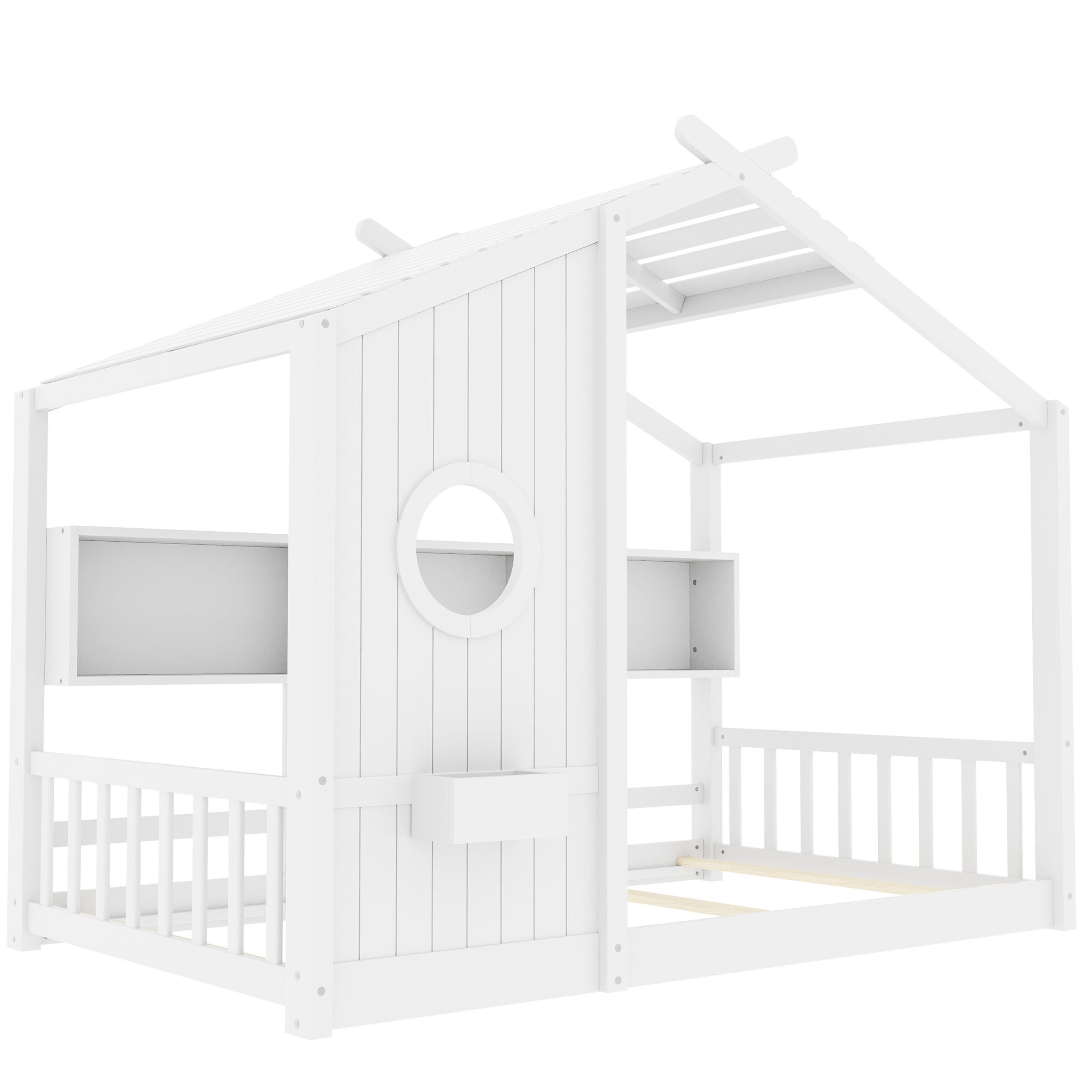 Twin Size Floor House Bed for Toddler, Kids Montessori Bed with Storage Shelf, Playhouse Bed with Roof Design, White - Image 6