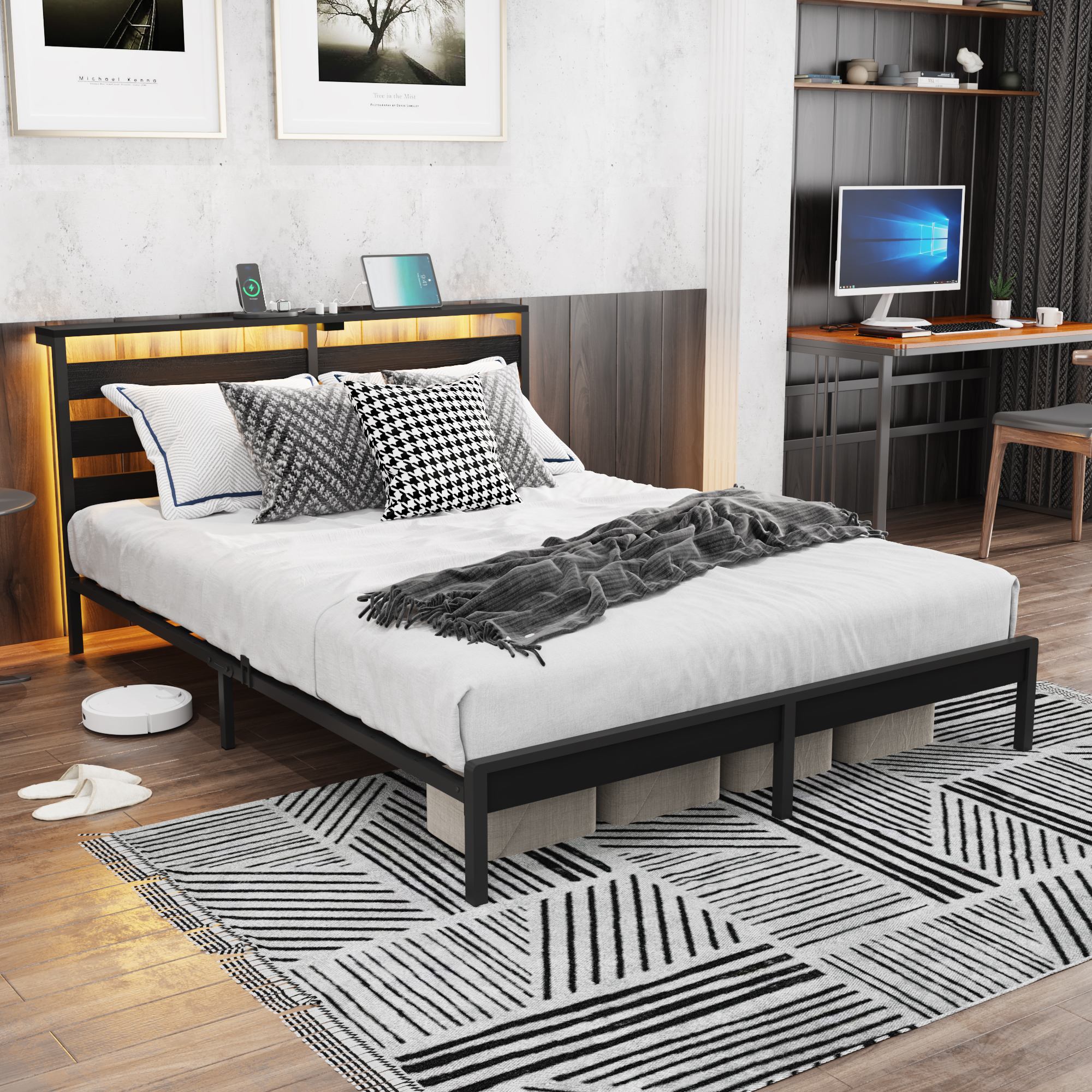 Full Size Metal Platform Bed Frame with Wooden Headboard and Footboard with USB LINER, LED Lights, No Box Spring Needed, Under Bed Storage, Easy Assemble - Image 2