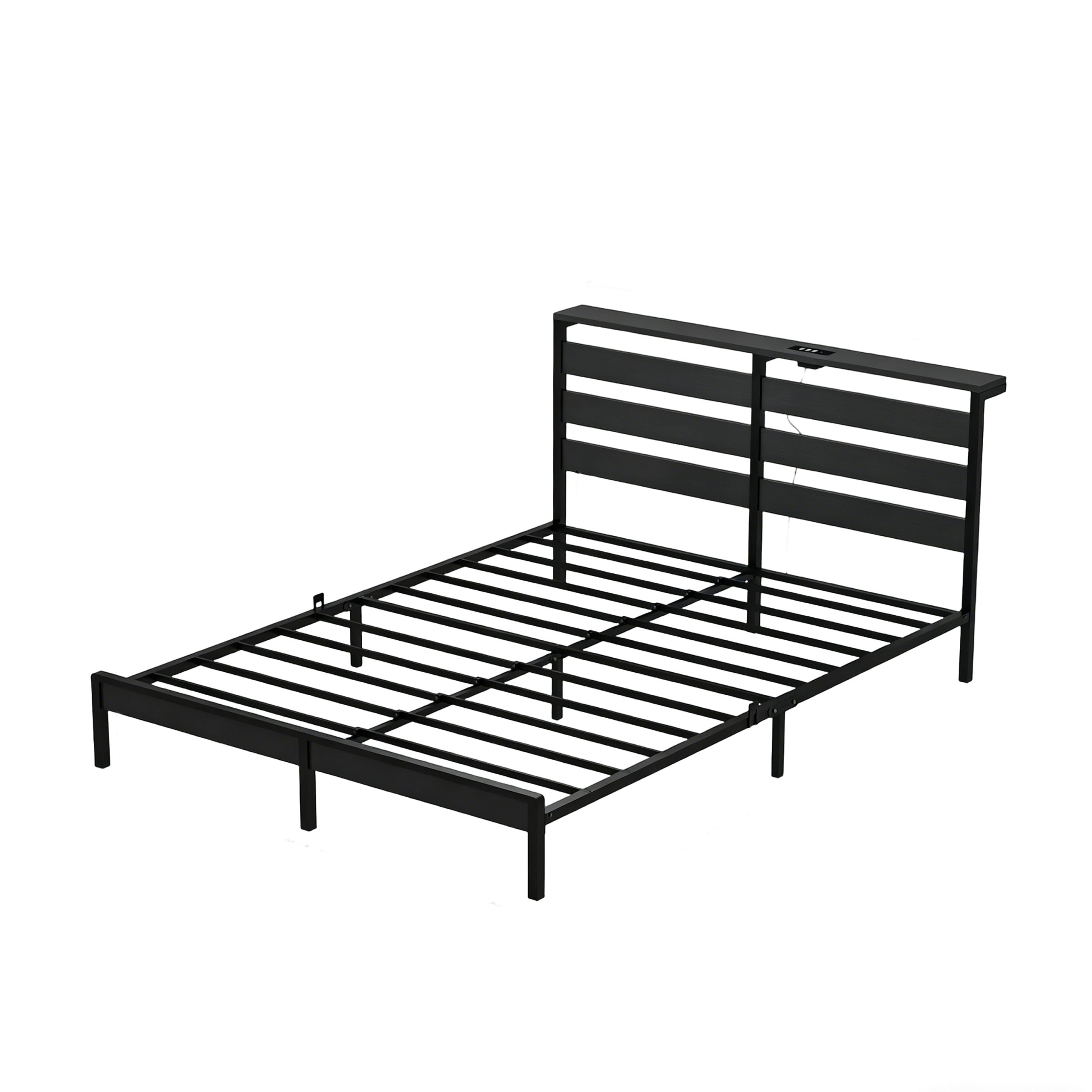 Full Size Metal Platform Bed Frame with Wooden Headboard and Footboard with USB LINER, LED Lights, No Box Spring Needed, Under Bed Storage, Easy Assemble - Image 3