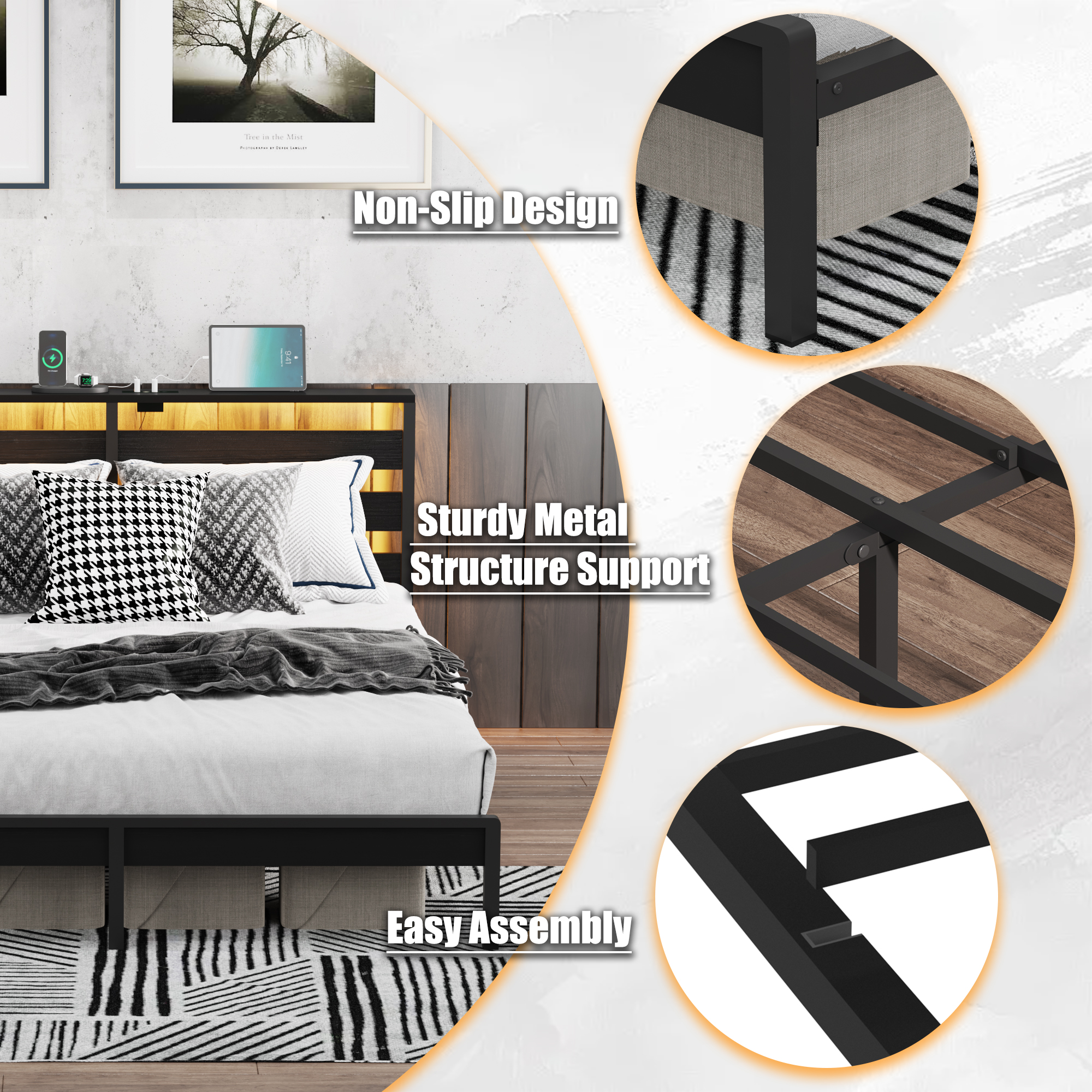 Full Size Metal Platform Bed Frame with Wooden Headboard and Footboard with USB LINER, LED Lights, No Box Spring Needed, Under Bed Storage, Easy Assemble - Image 4