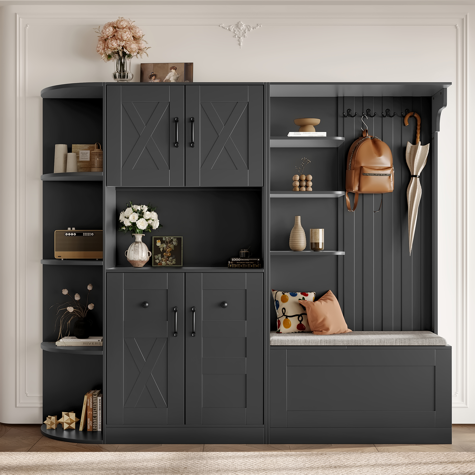 Multifunctional left-right combination hall cabinet (can be used separately) with storage and 4 hooks, storage cabinet/ hall tree 2 in 1 for living room, kitchen and hallway, Black
