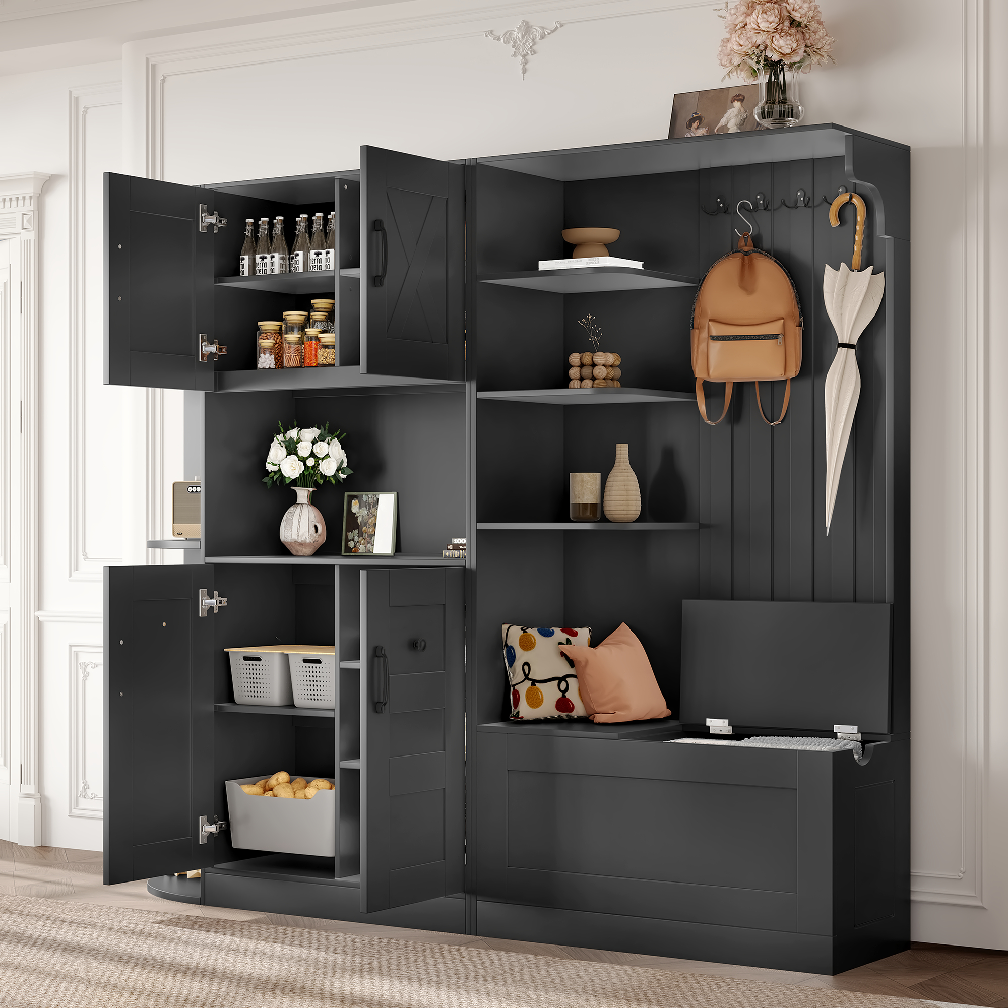 Multifunctional left-right combination hall cabinet (can be used separately) with storage and 4 hooks, storage cabinet/ hall tree 2 in 1 for living room, kitchen and hallway, Black - Image 2