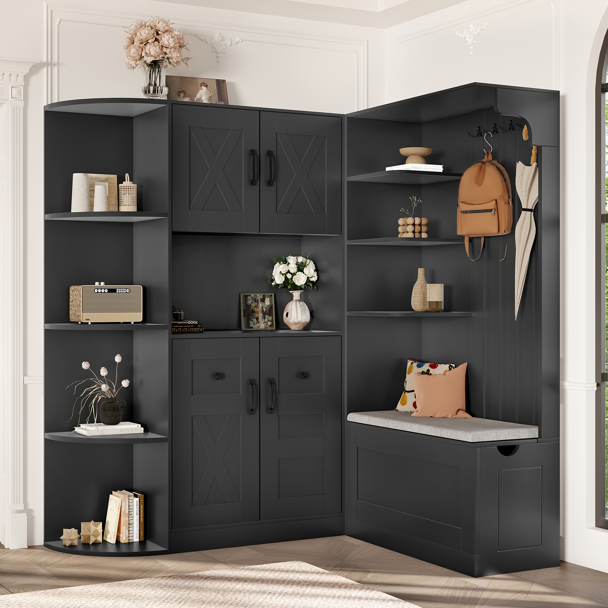 Multifunctional left-right combination hall cabinet (can be used separately) with storage and 4 hooks, storage cabinet/ hall tree 2 in 1 for living room, kitchen and hallway, Black - Image 3