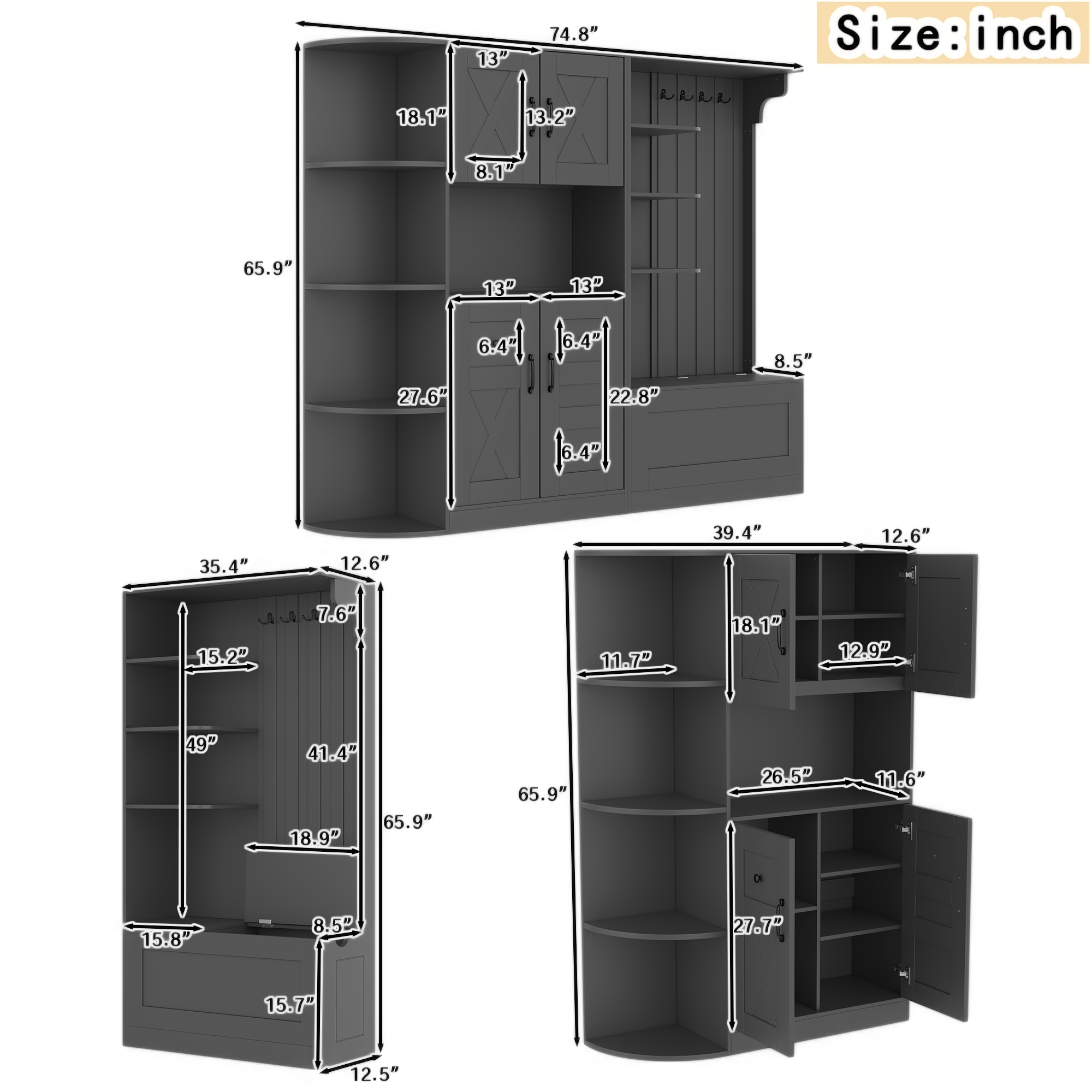 Multifunctional left-right combination hall cabinet (can be used separately) with storage and 4 hooks, storage cabinet/ hall tree 2 in 1 for living room, kitchen and hallway, Black - Image 4