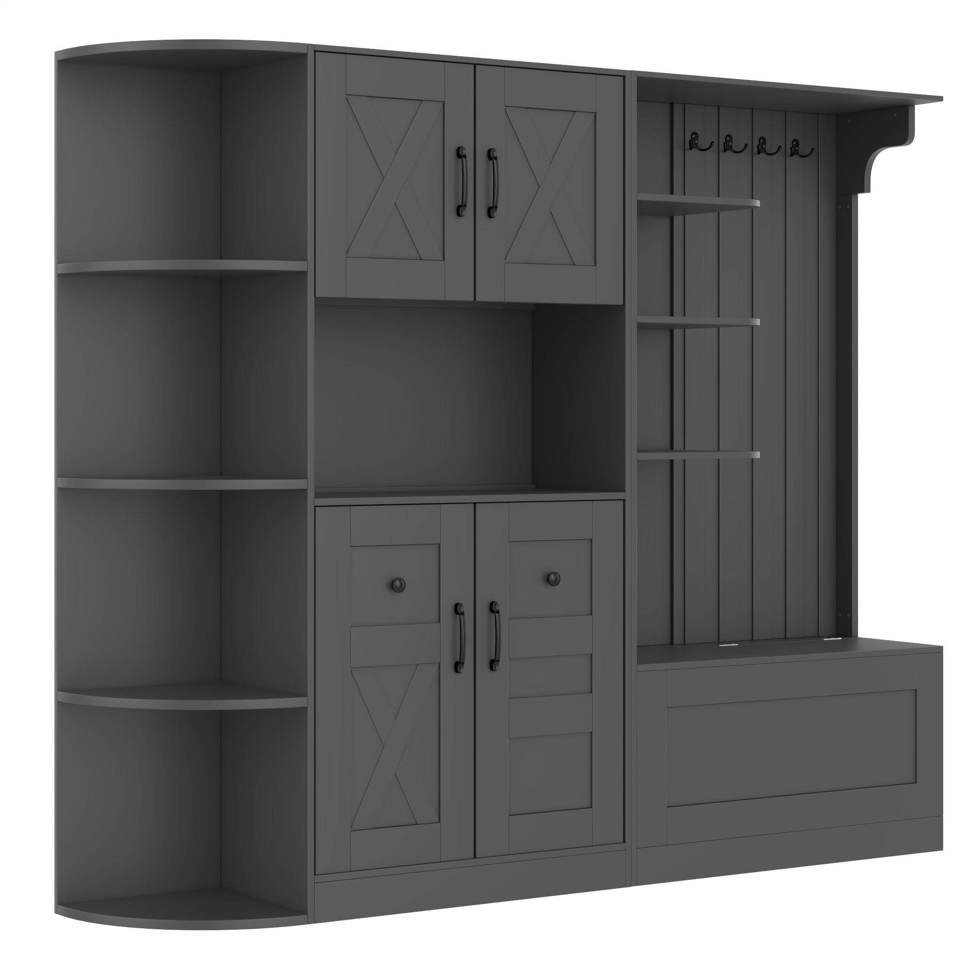 Multifunctional left-right combination hall cabinet (can be used separately) with storage and 4 hooks, storage cabinet/ hall tree 2 in 1 for living room, kitchen and hallway, Black - Image 5
