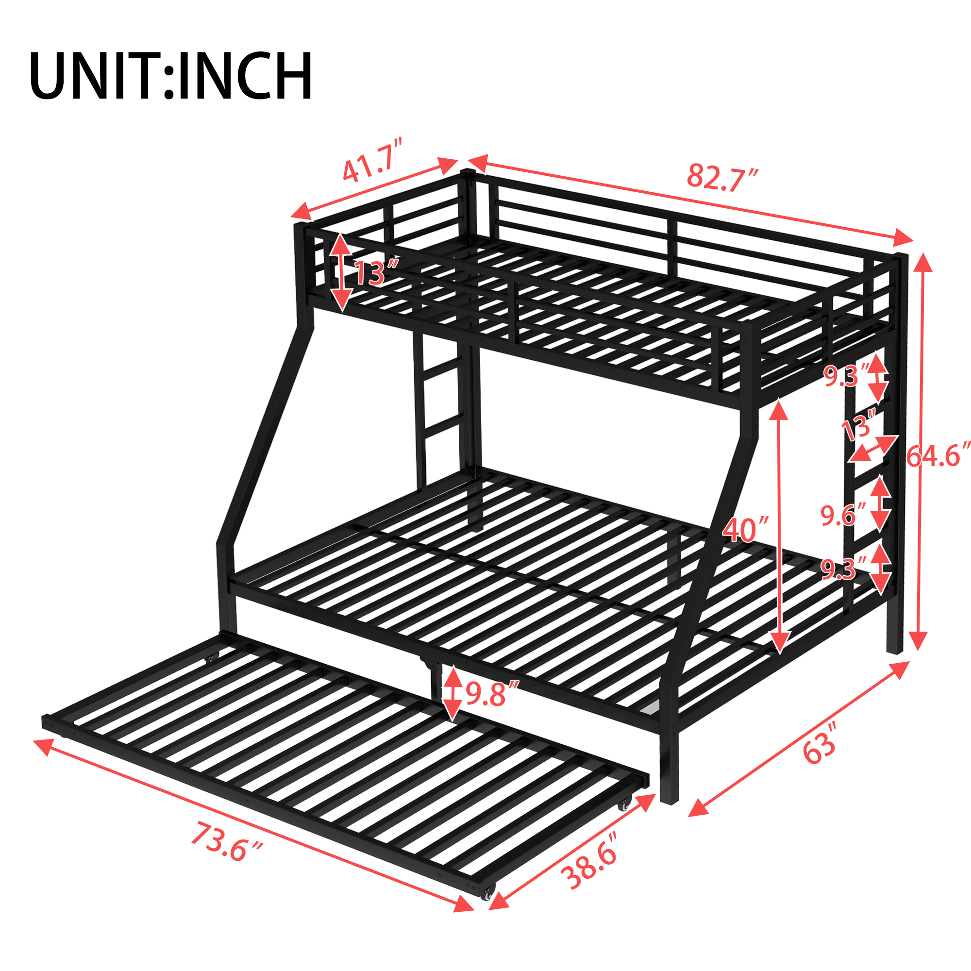 Twin XL Over Queen Metal Bunk Bed with Twin Size Trundle, Black - Image 4