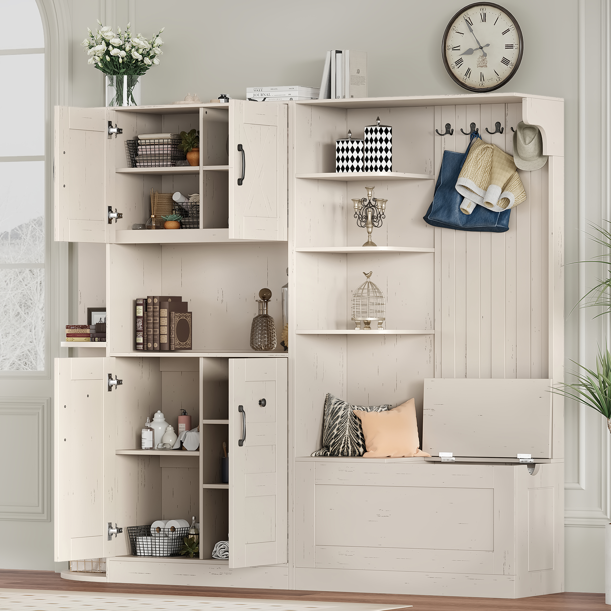 Multifunctional left-right combination hall cabinet (can be used separately) with storage and 4 hooks, storage cabinet/ hall tree 2 in 1 for living room, kitchen and hallway,antique Beige - Image 2