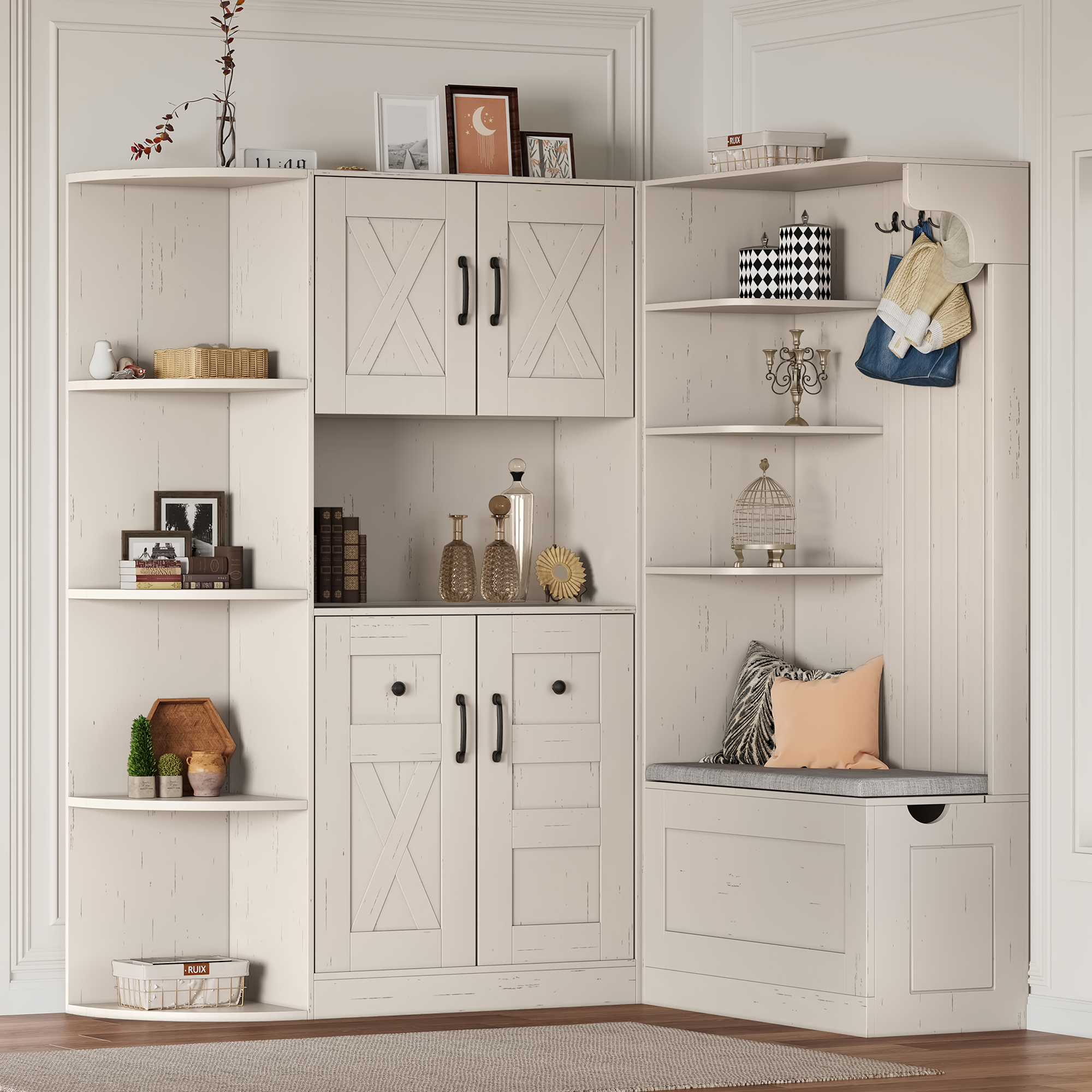 Multifunctional left-right combination hall cabinet (can be used separately) with storage and 4 hooks, storage cabinet/ hall tree 2 in 1 for living room, kitchen and hallway,antique Beige - Image 3