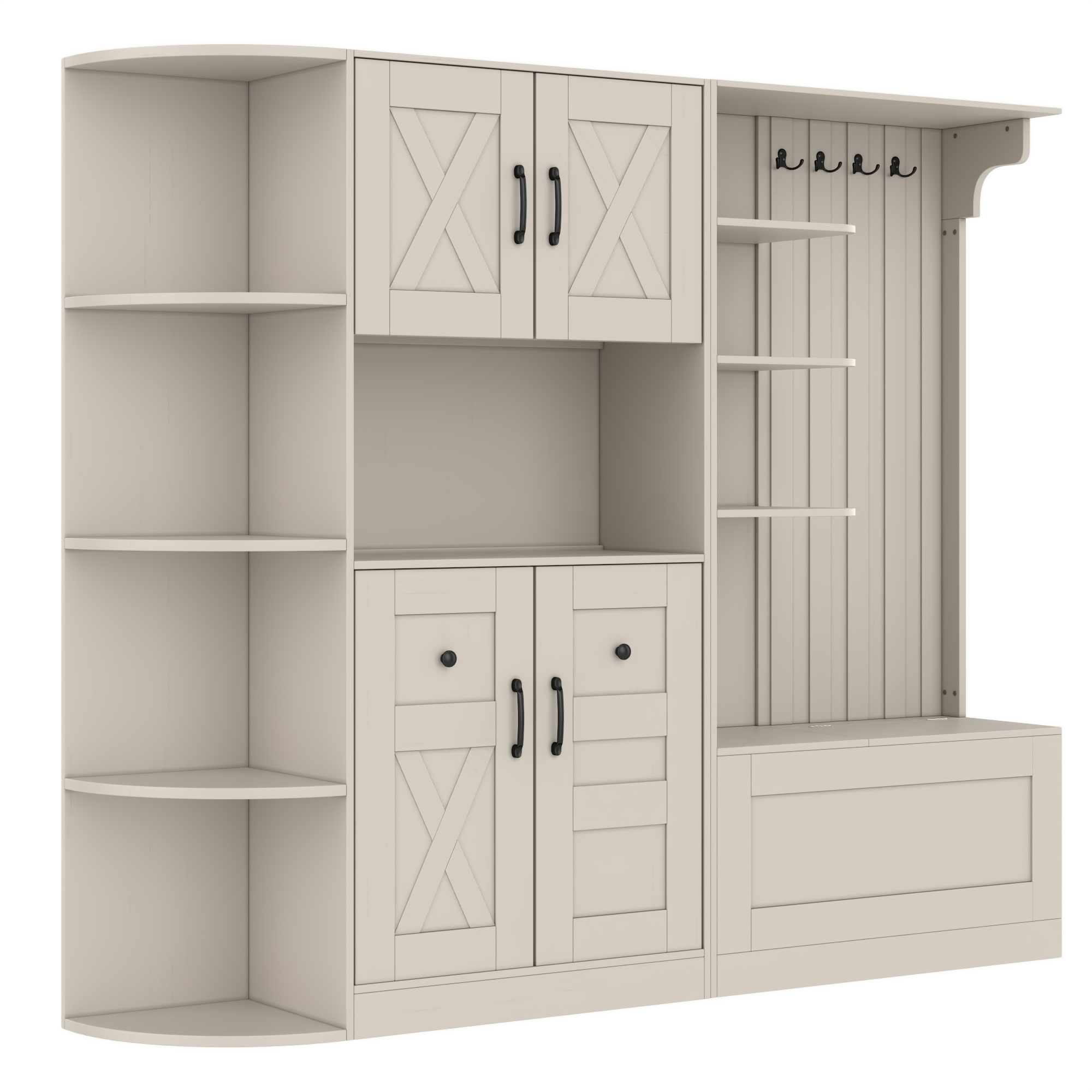 Multifunctional left-right combination hall cabinet (can be used separately) with storage and 4 hooks, storage cabinet/ hall tree 2 in 1 for living room, kitchen and hallway,antique Beige - Image 5