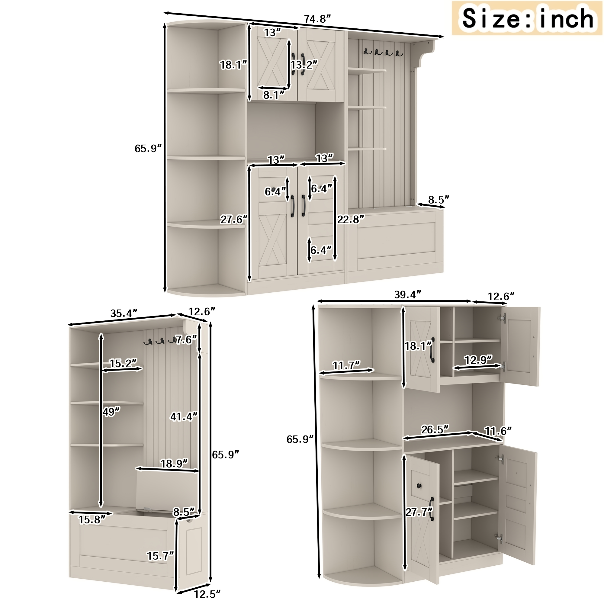 Multifunctional left-right combination hall cabinet (can be used separately) with storage and 4 hooks, storage cabinet/ hall tree 2 in 1 for living room, kitchen and hallway,antique Beige - Image 4