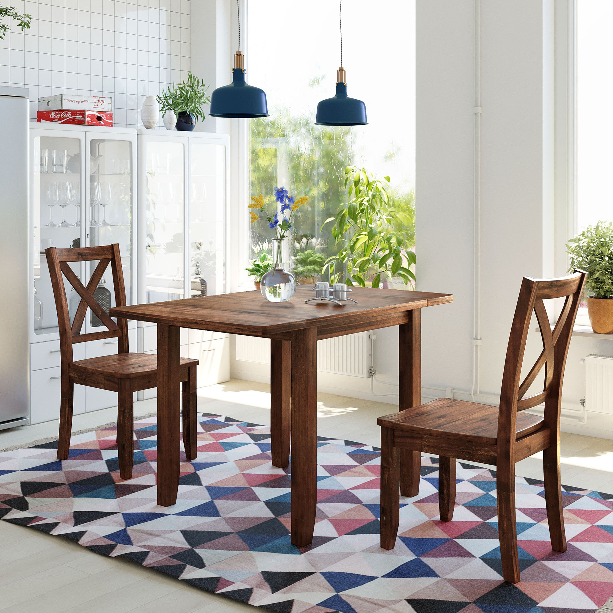 TOPMAX 3-Piece Wood Drop Leaf Breakfast Nook Dining Table Set with 2 X-back Chairs for Small Places, Brown - Image 2