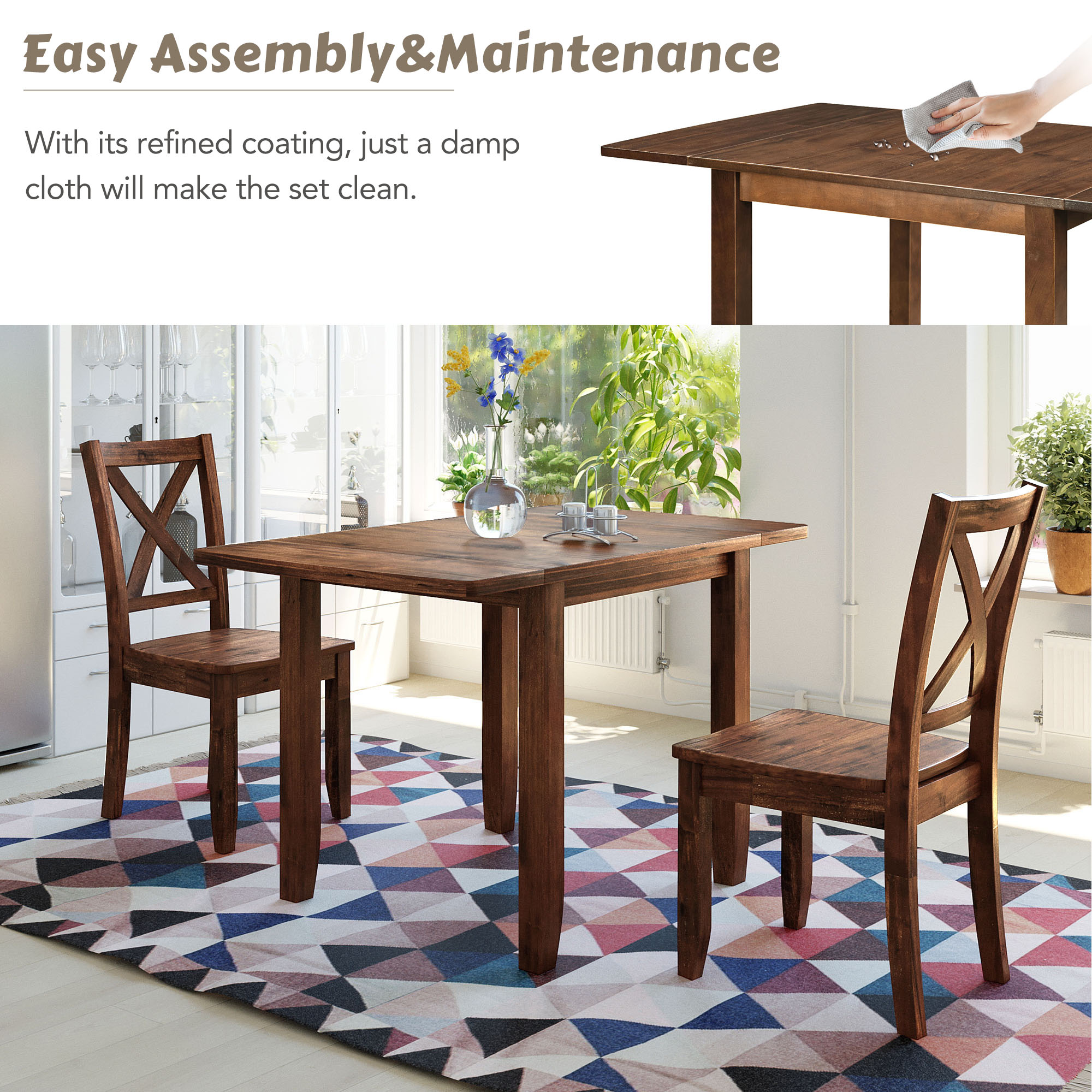 TOPMAX 3-Piece Wood Drop Leaf Breakfast Nook Dining Table Set with 2 X-back Chairs for Small Places, Brown - Image 3