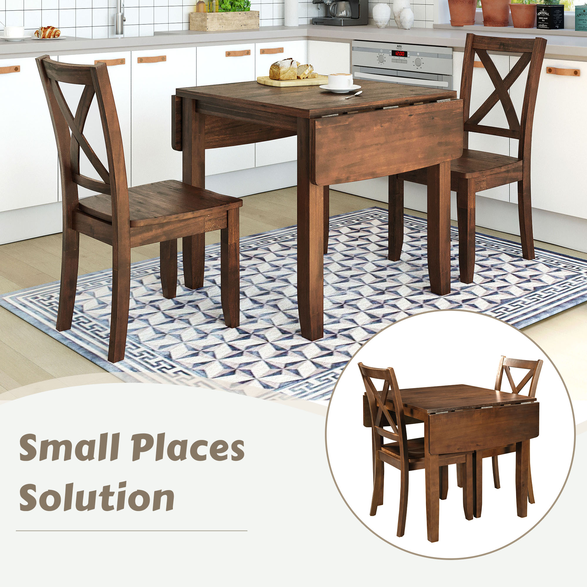 TOPMAX 3-Piece Wood Drop Leaf Breakfast Nook Dining Table Set with 2 X-back Chairs for Small Places, Brown - Image 4