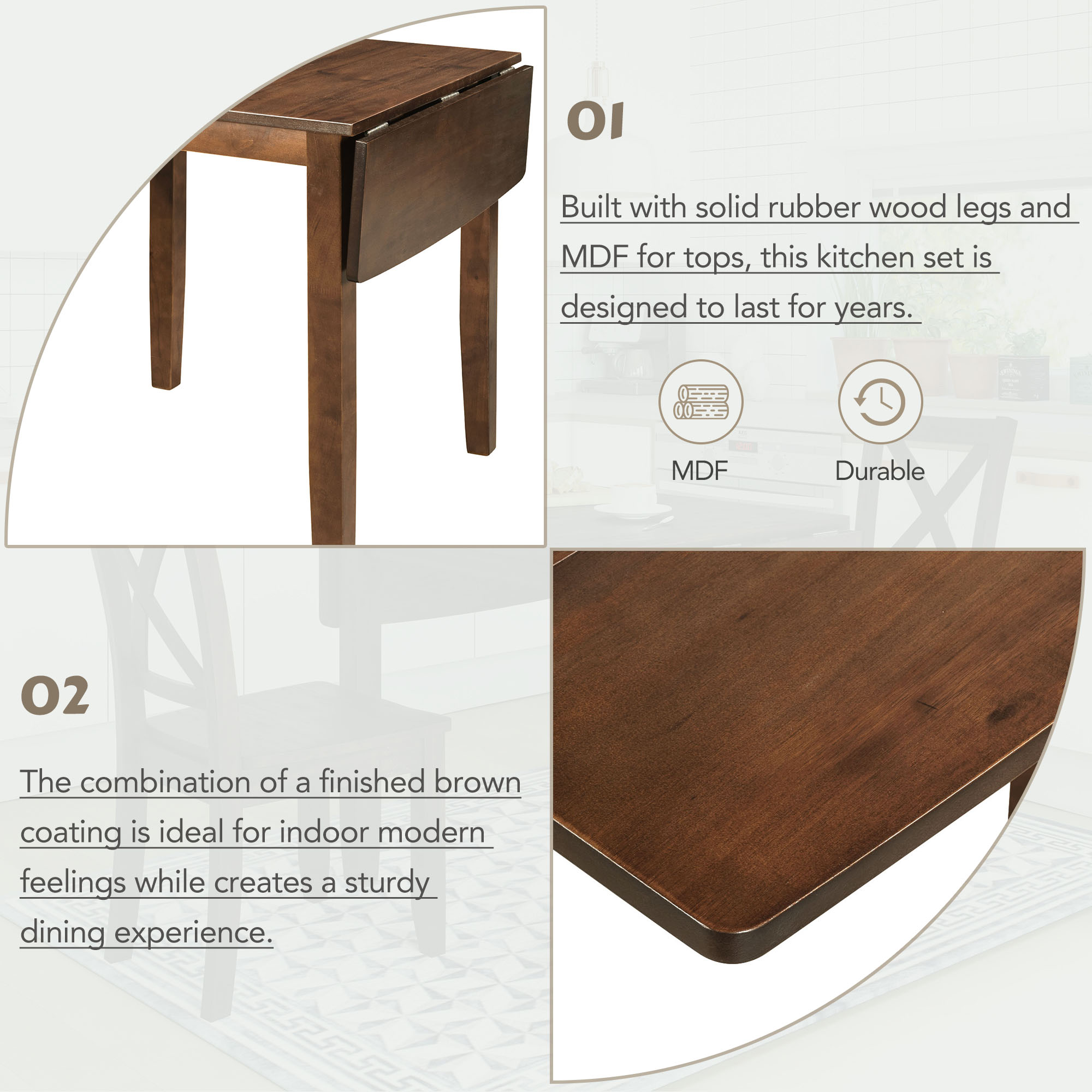 TOPMAX 3-Piece Wood Drop Leaf Breakfast Nook Dining Table Set with 2 X-back Chairs for Small Places, Brown - Image 5