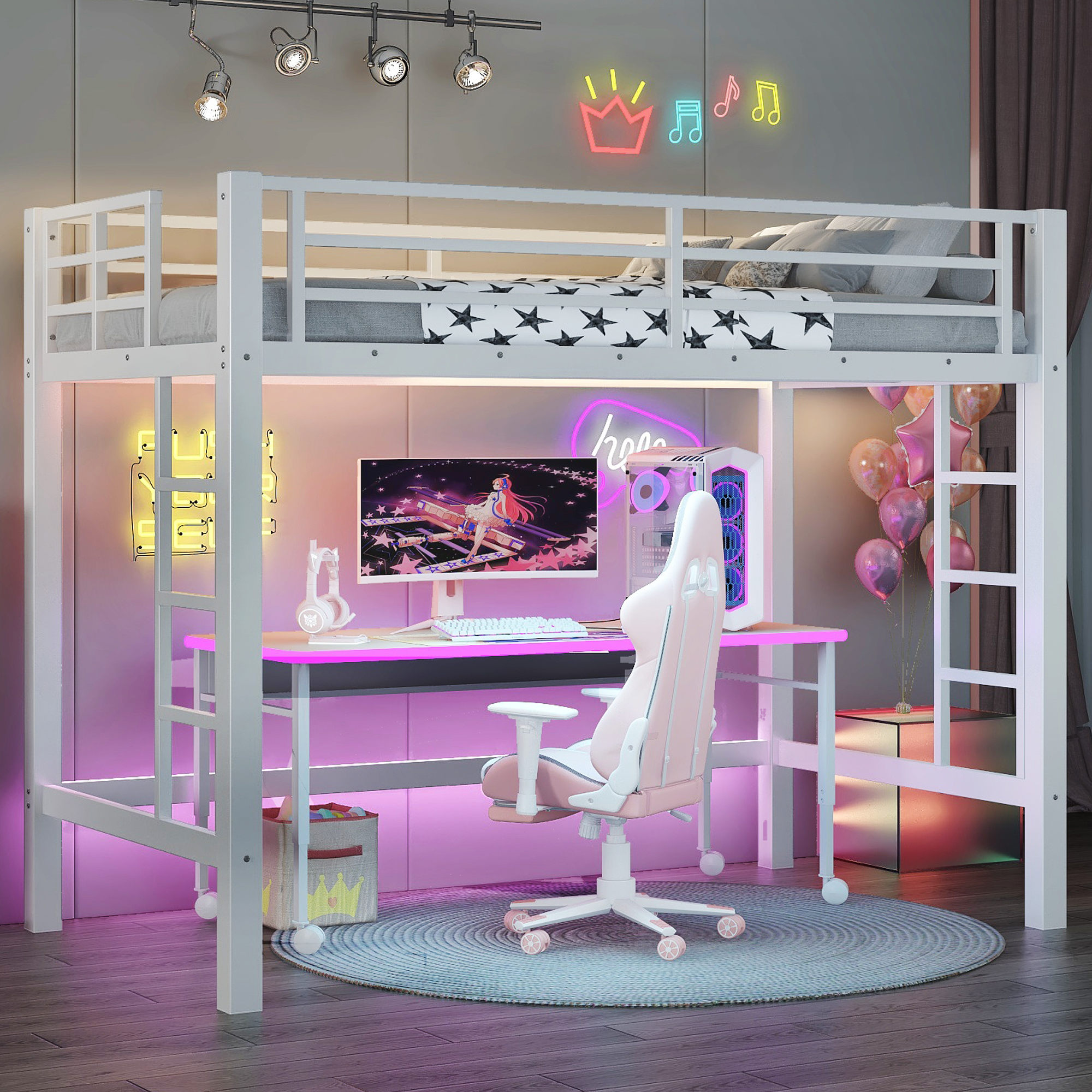 Twin Size Metal Loft Bed, Loft Bed with Easy Climbing Ladder and Guardrails , White - Image 1