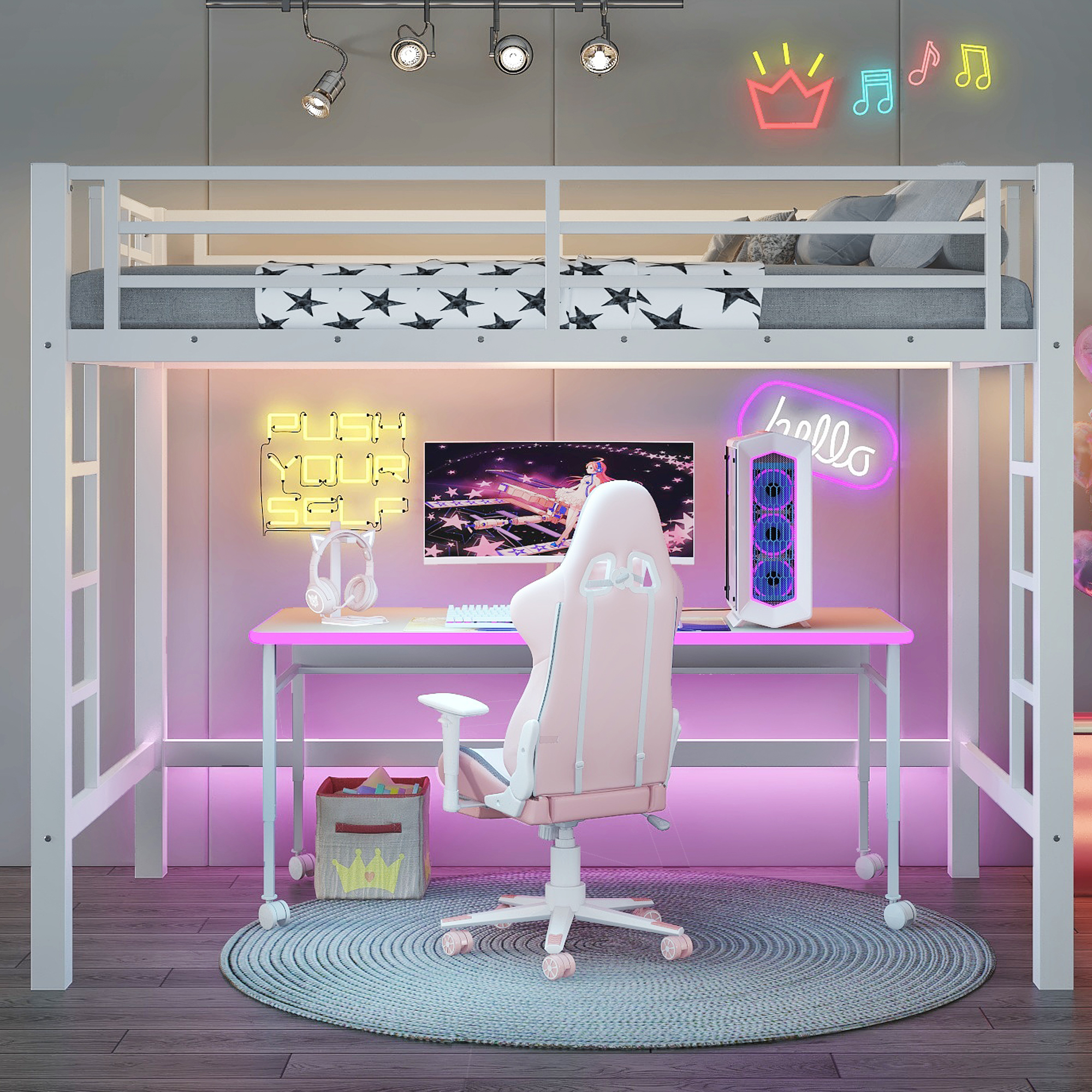 Twin Size Metal Loft Bed, Loft Bed with Easy Climbing Ladder and Guardrails , White - Image 2