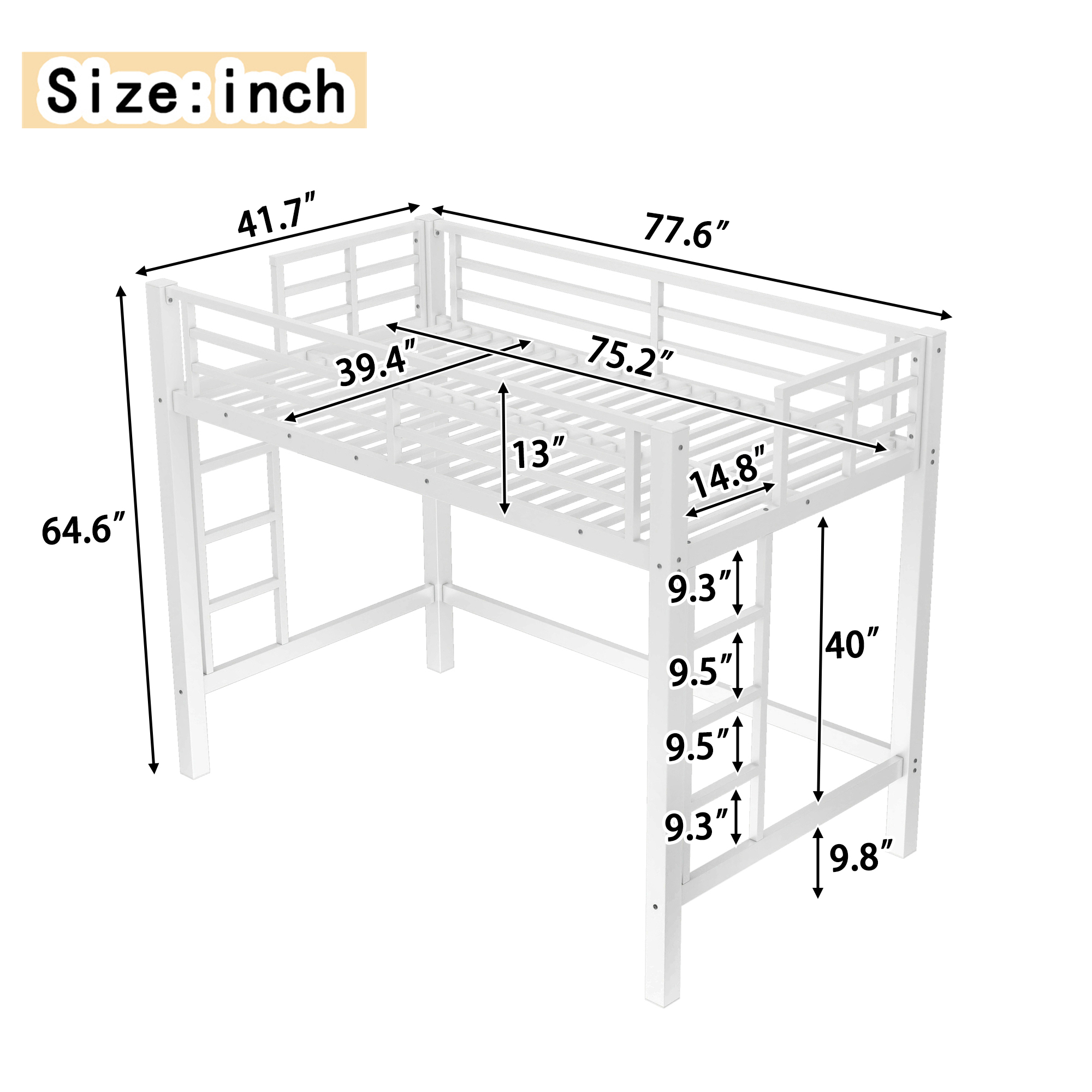Twin Size Metal Loft Bed, Loft Bed with Easy Climbing Ladder and Guardrails , White - Image 3