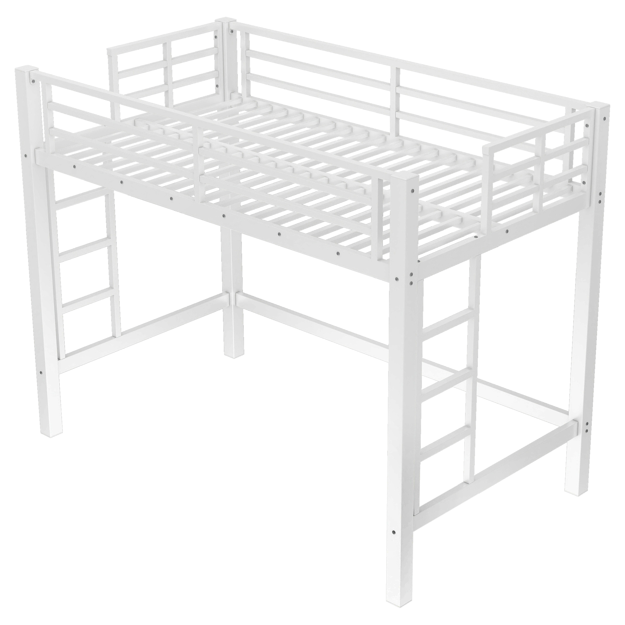 Twin Size Metal Loft Bed, Loft Bed with Easy Climbing Ladder and Guardrails , White - Image 4