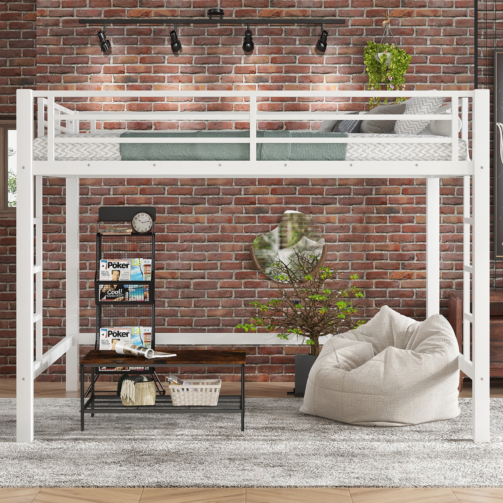 Queen Size Metal Loft Bed, Loft Bed with Easy Climbing Ladder and Guardrails , White - Image 2