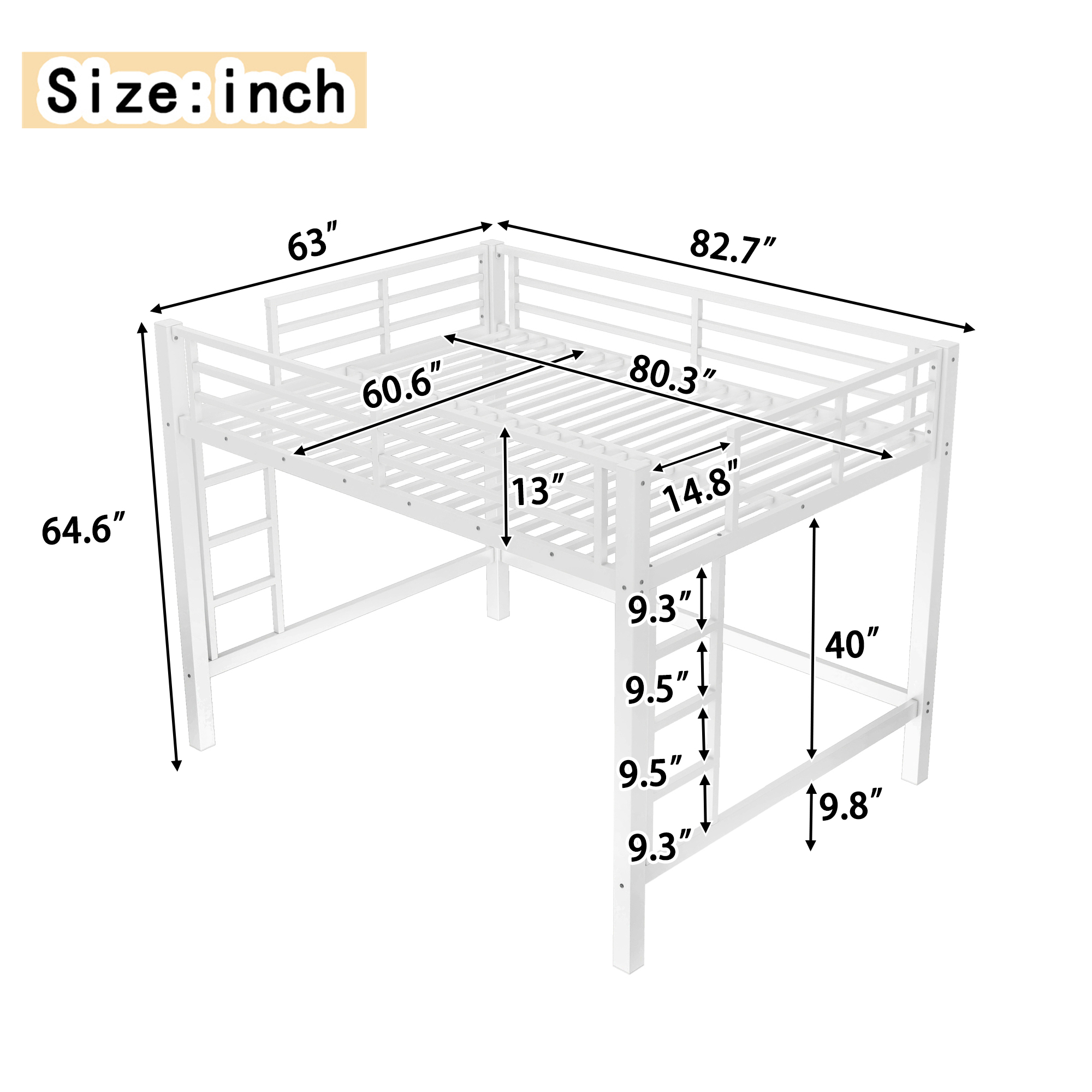 Queen Size Metal Loft Bed, Loft Bed with Easy Climbing Ladder and Guardrails , White - Image 3