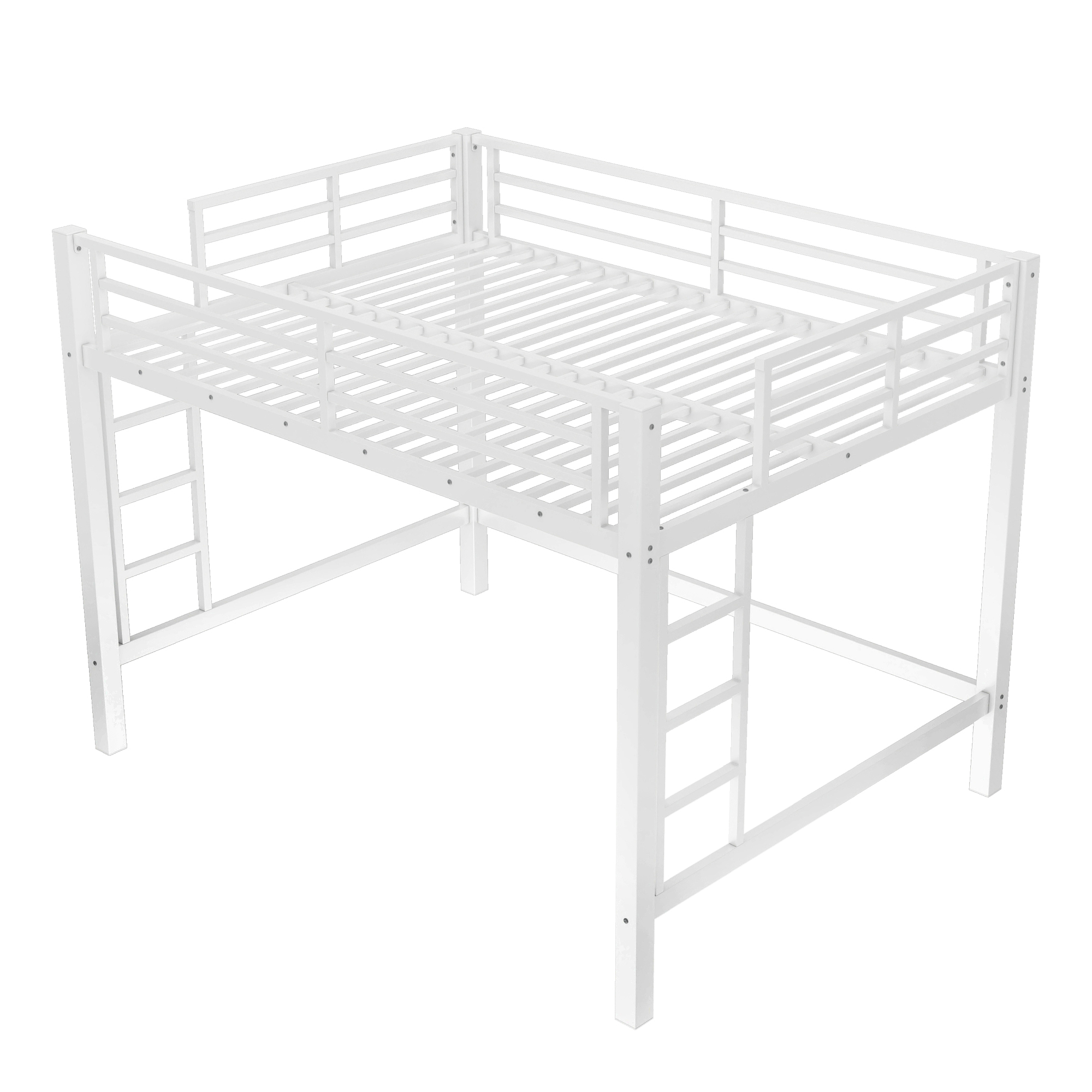 Queen Size Metal Loft Bed, Loft Bed with Easy Climbing Ladder and Guardrails , White - Image 5