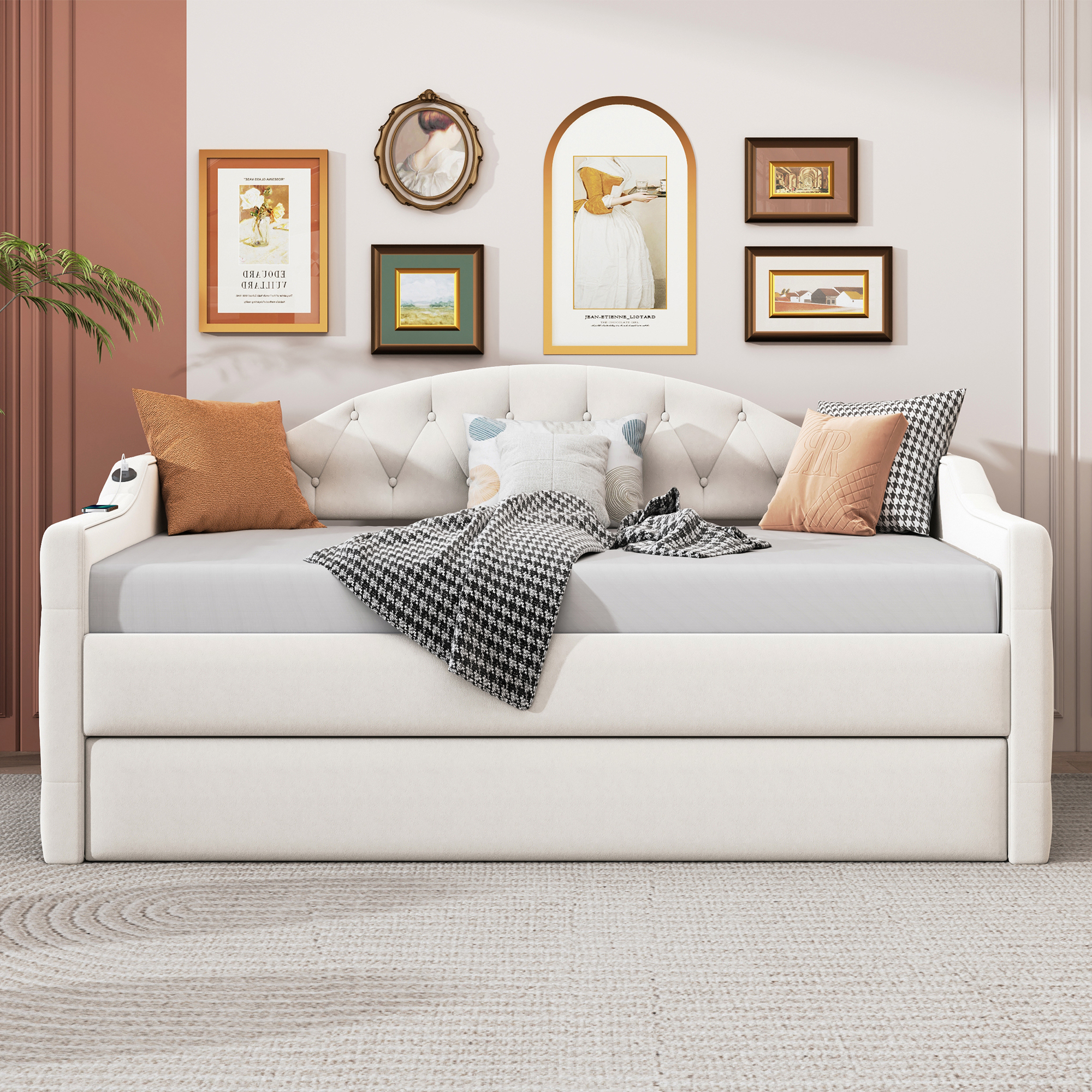 Twin Size Tufted Upholstered Daybed with Trundle ,Velvet Sofabed with USB&Type-C Charging Ports,No Box-spring Needed, Beige(Old SKU :HL000088AAA) - Image 3