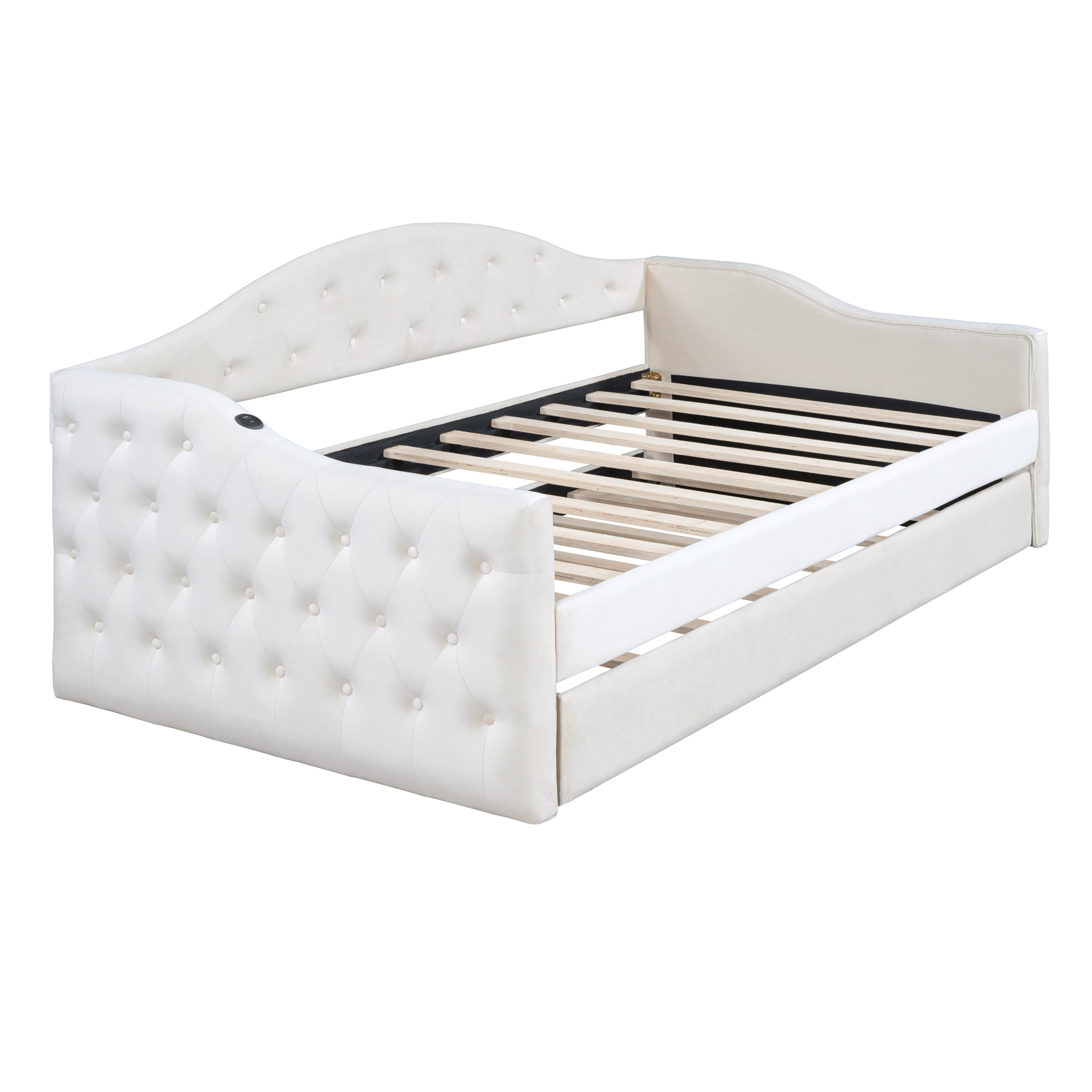 Twin Size Tufted Upholstered Daybed with Trundle ,Velvet Sofabed with USB&Type-C Charging Ports,No Box-spring Needed, Beige(Old SKU :HL000088AAA) - Image 4