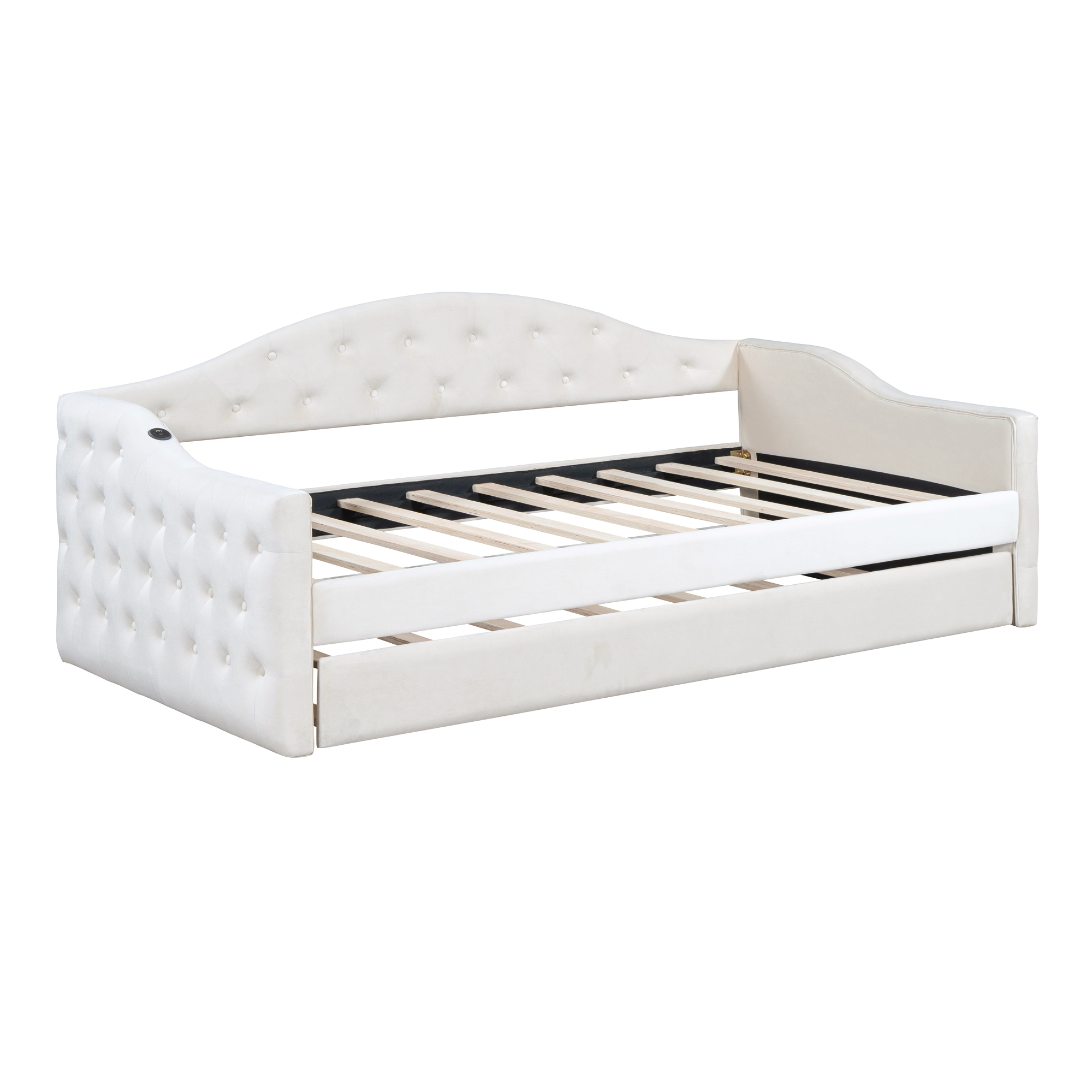 Twin Size Tufted Upholstered Daybed with Trundle ,Velvet Sofabed with USB&Type-C Charging Ports,No Box-spring Needed, Beige(Old SKU :HL000088AAA) - Image 5