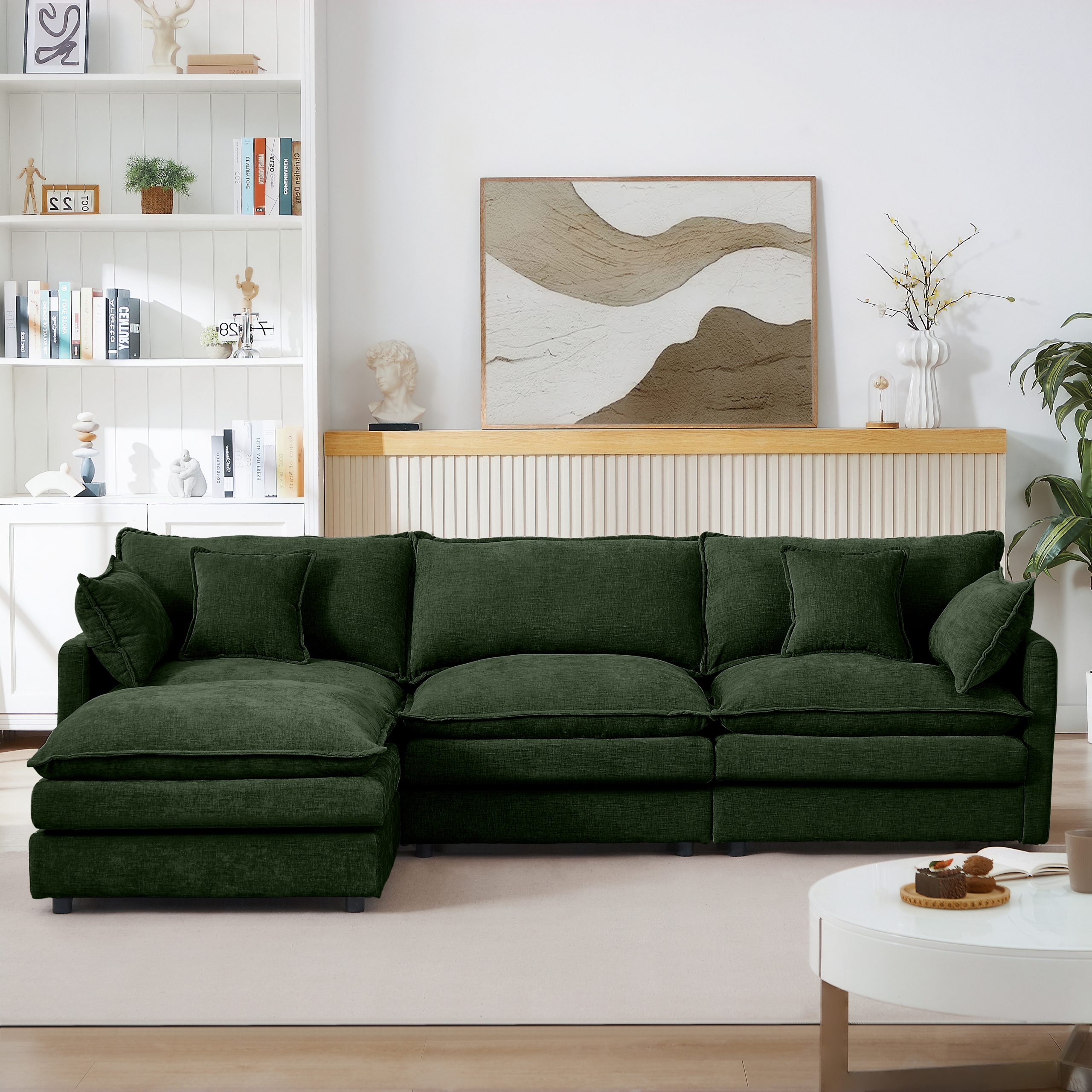 Modular Sectional Sofa, 102 Inch L Shaped Couch Set for Living Room, 3-Seater Comfy Cloud Couches with Movable Ottoman, DIY Combination, Chenille, Green - Image 2