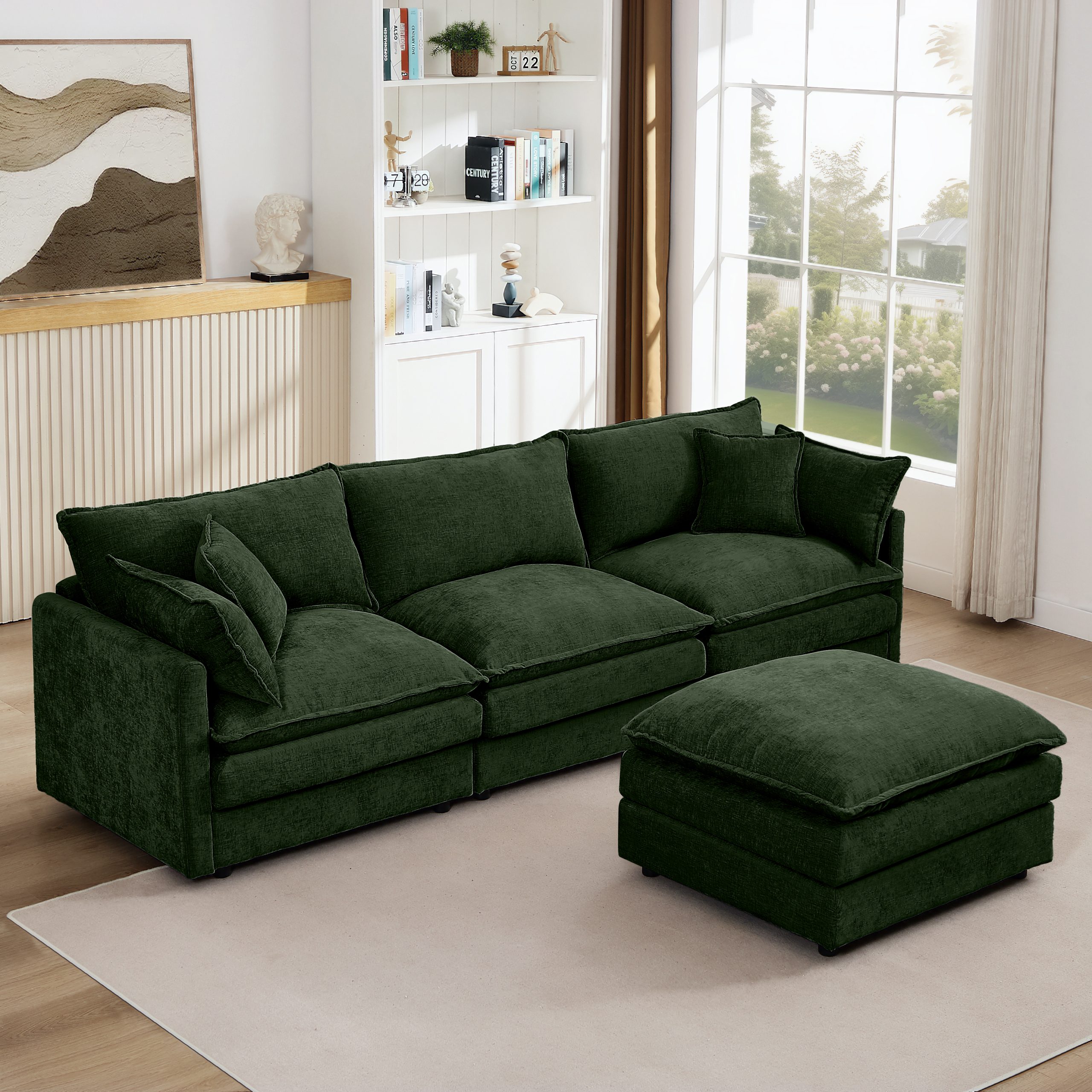 Modular Sectional Sofa, 102 Inch L Shaped Couch Set for Living Room, 3-Seater Comfy Cloud Couches with Movable Ottoman, DIY Combination, Chenille, Green - Image 3
