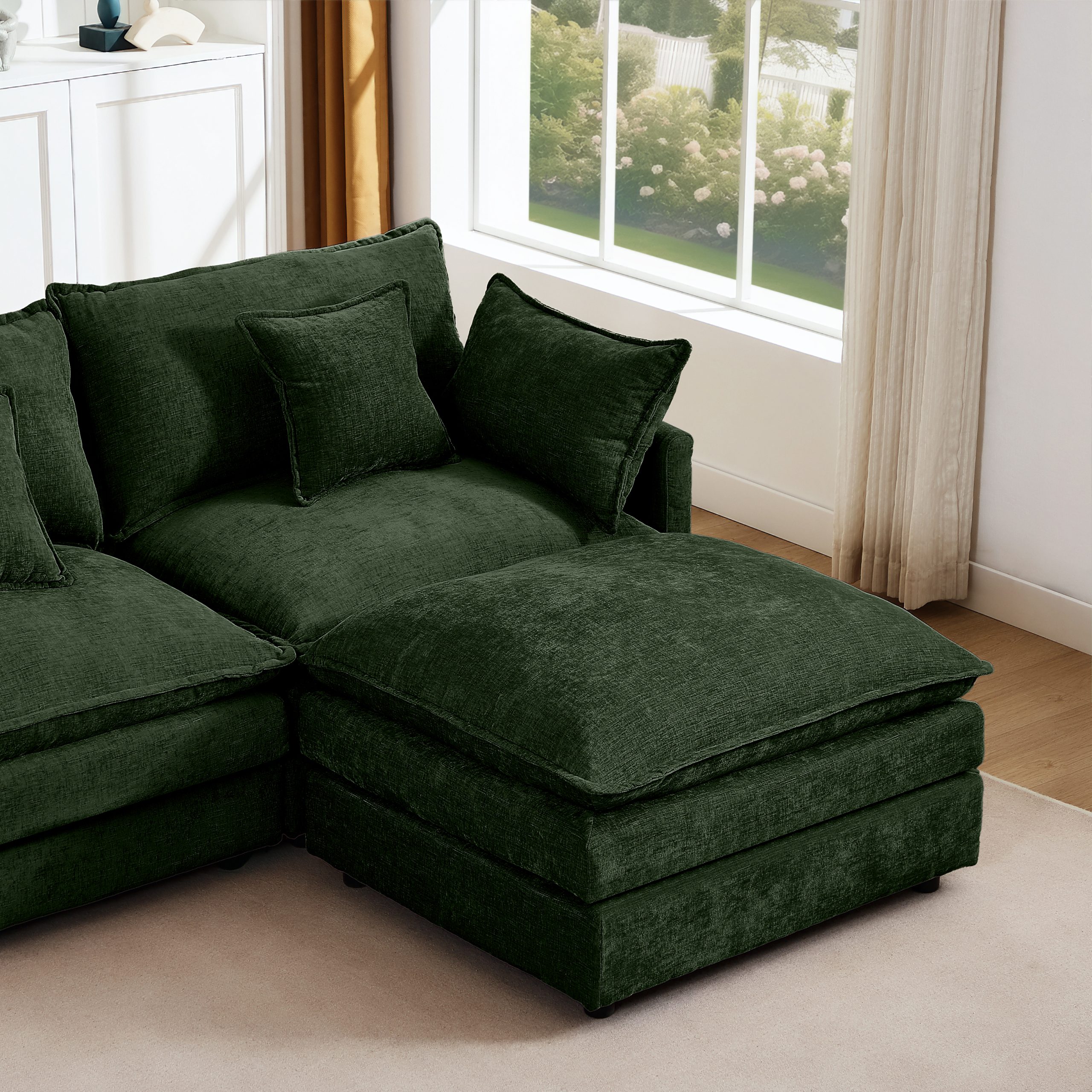Modular Sectional Sofa, 102 Inch L Shaped Couch Set for Living Room, 3-Seater Comfy Cloud Couches with Movable Ottoman, DIY Combination, Chenille, Green - Image 4