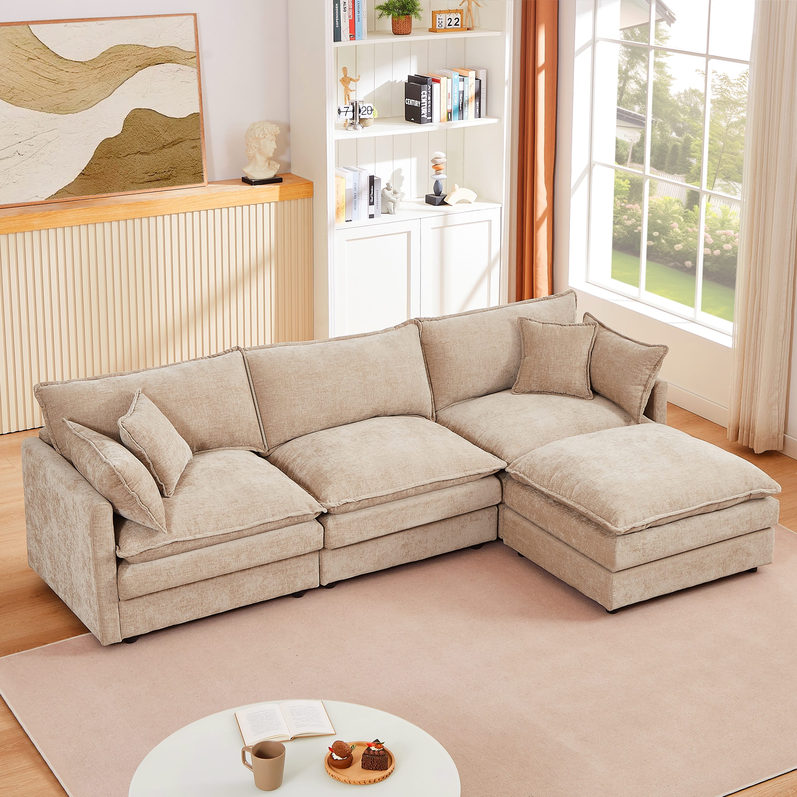 Modular Sectional Sofa, 102 Inch L Shaped Couch Set for Living Room, 3-Seater Comfy Cloud Couches with Movable Ottoman, DIY Combination, Chenille, Coffee