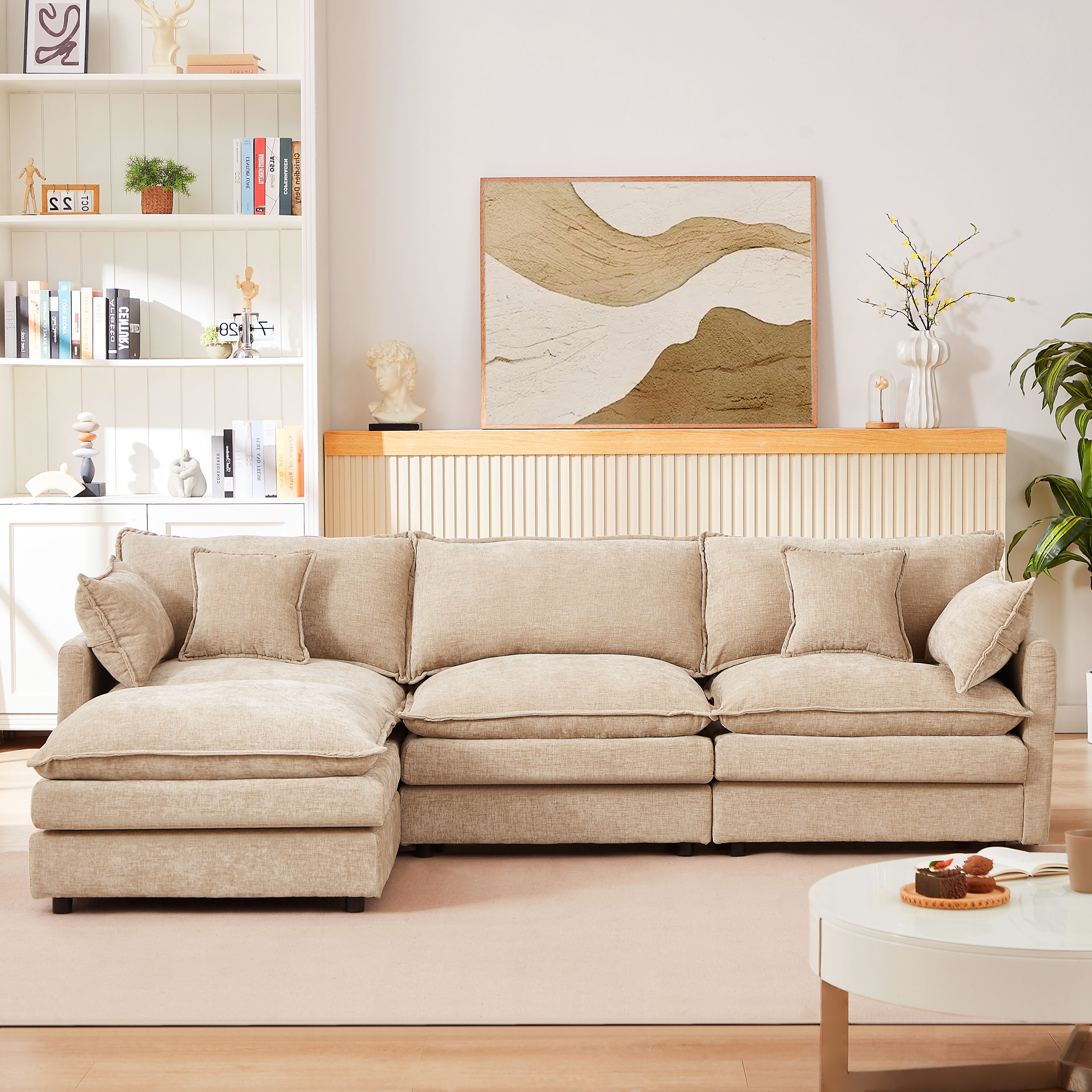 Modular Sectional Sofa, 102 Inch L Shaped Couch Set for Living Room, 3-Seater Comfy Cloud Couches with Movable Ottoman, DIY Combination, Chenille, Coffee - Image 2