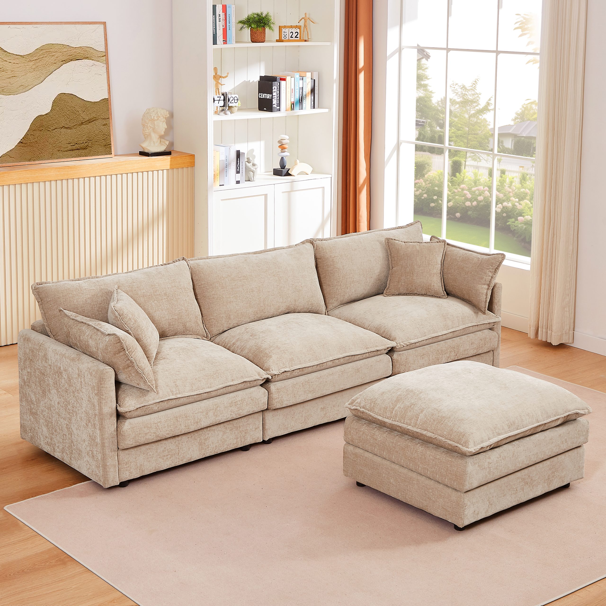 Modular Sectional Sofa, 102 Inch L Shaped Couch Set for Living Room, 3-Seater Comfy Cloud Couches with Movable Ottoman, DIY Combination, Chenille, Coffee - Image 3
