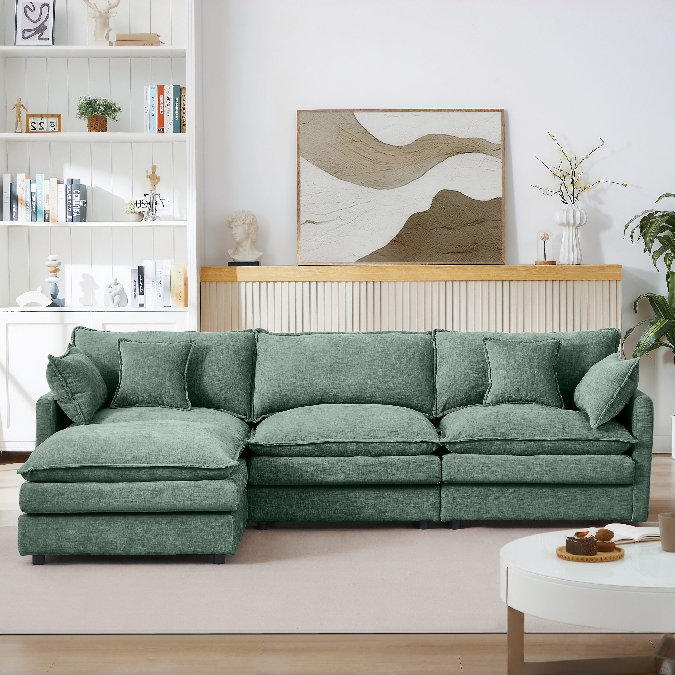Modular Sectional Sofa, 102 Inch L Shaped Couch Set for Living Room, 3-Seater Comfy Cloud Couches with Movable Ottoman, DIY Combination, Chenille, Mint Green - Image 2