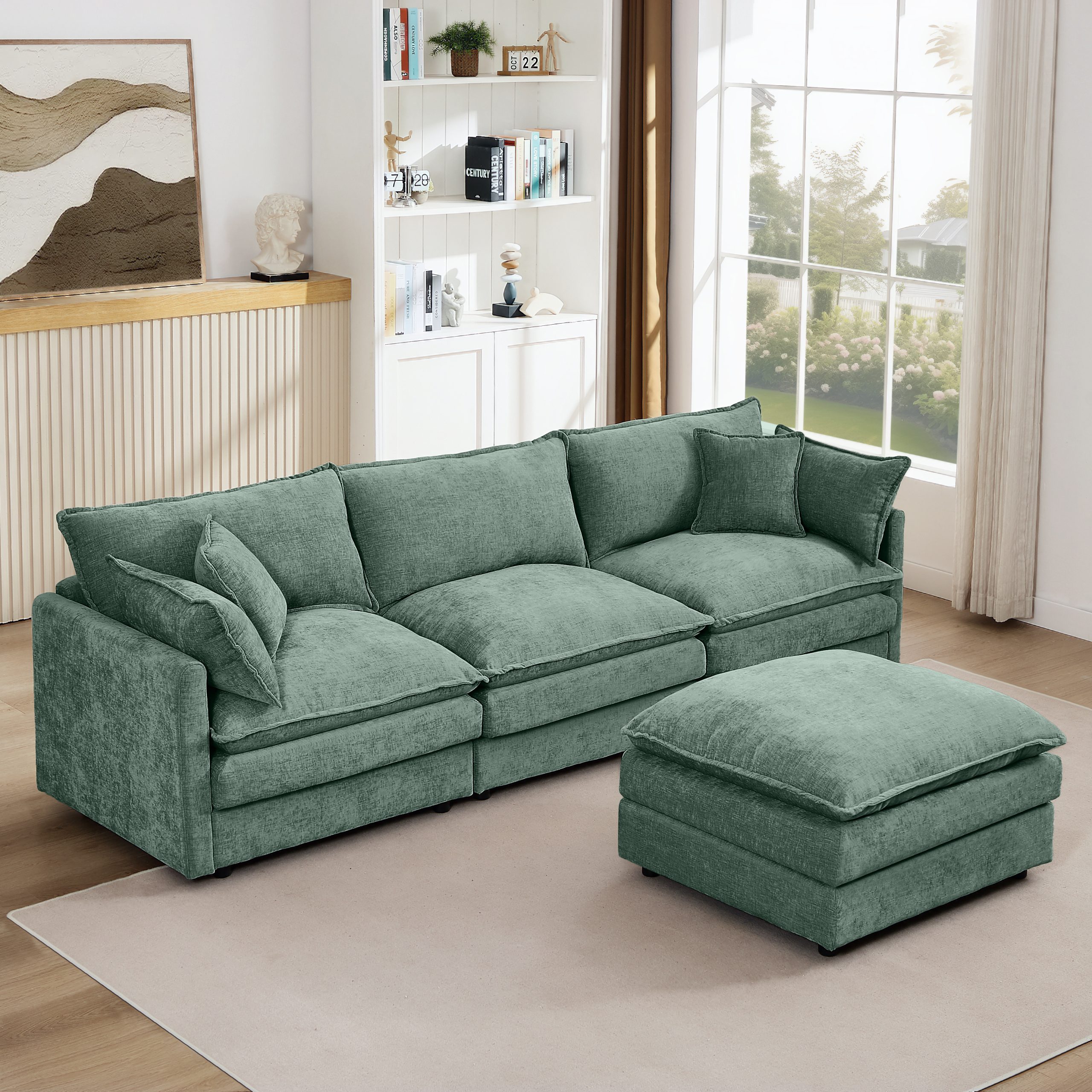 Modular Sectional Sofa, 102 Inch L Shaped Couch Set for Living Room, 3-Seater Comfy Cloud Couches with Movable Ottoman, DIY Combination, Chenille, Mint Green - Image 3