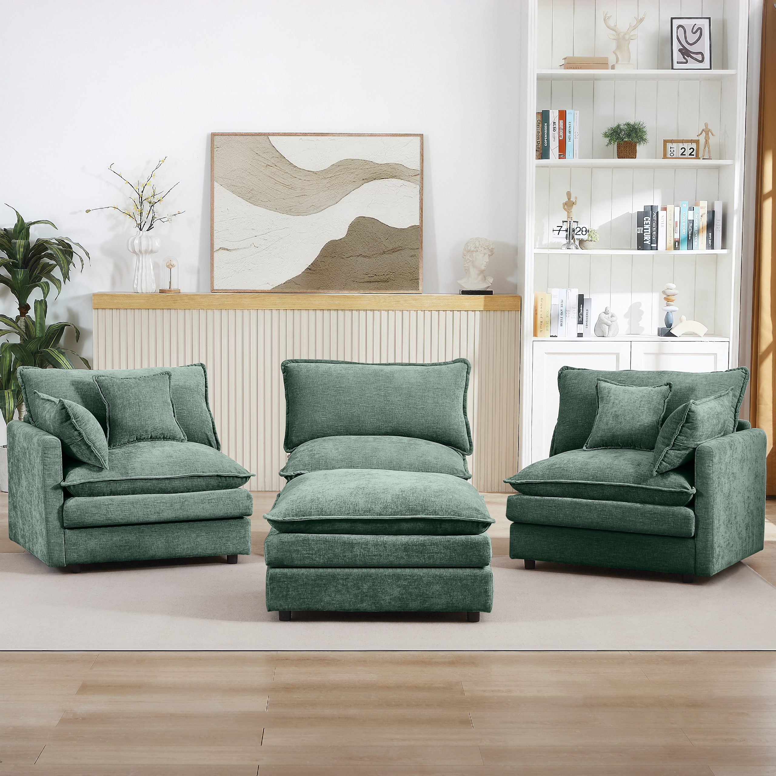 Modular Sectional Sofa, 102 Inch L Shaped Couch Set for Living Room, 3-Seater Comfy Cloud Couches with Movable Ottoman, DIY Combination, Chenille, Mint Green - Image 4