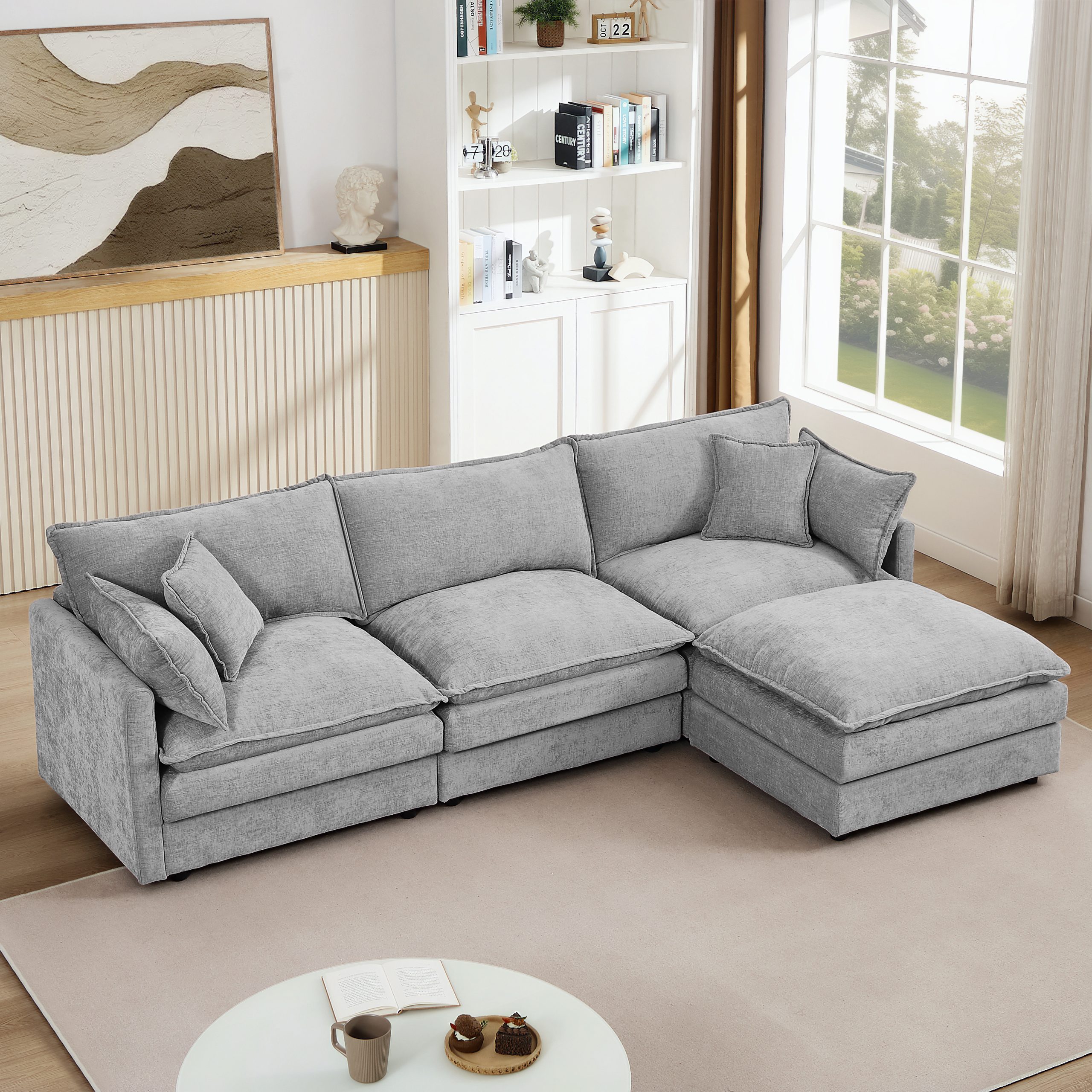 Modular Sectional Sofa, 102 Inch L Shaped Couch Set for Living Room, 3-Seater Comfy Cloud Couches with Movable Ottoman, DIY Combination, Chenille, Grey - Image 1
