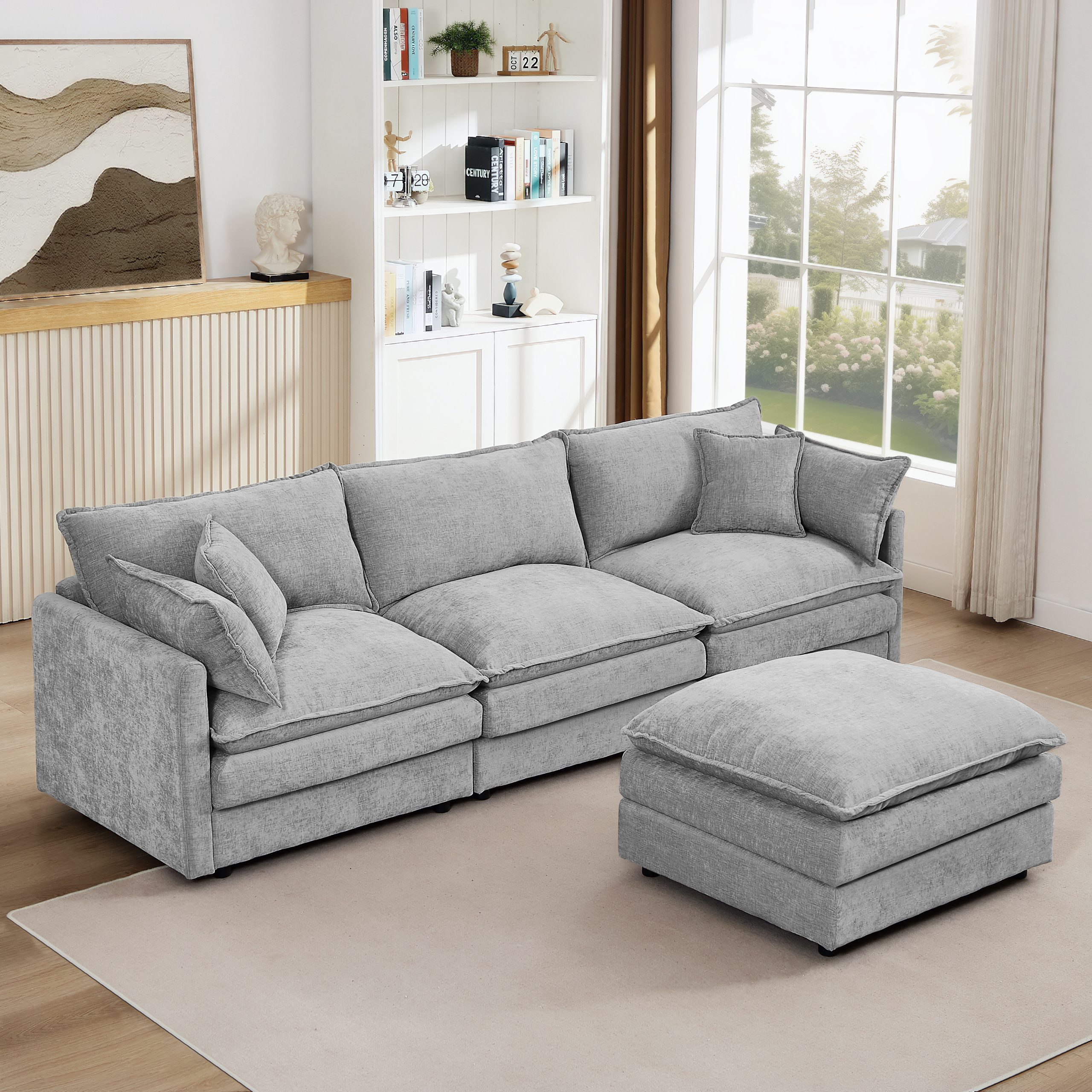 Modular Sectional Sofa, 102 Inch L Shaped Couch Set for Living Room, 3-Seater Comfy Cloud Couches with Movable Ottoman, DIY Combination, Chenille, Grey - Image 2