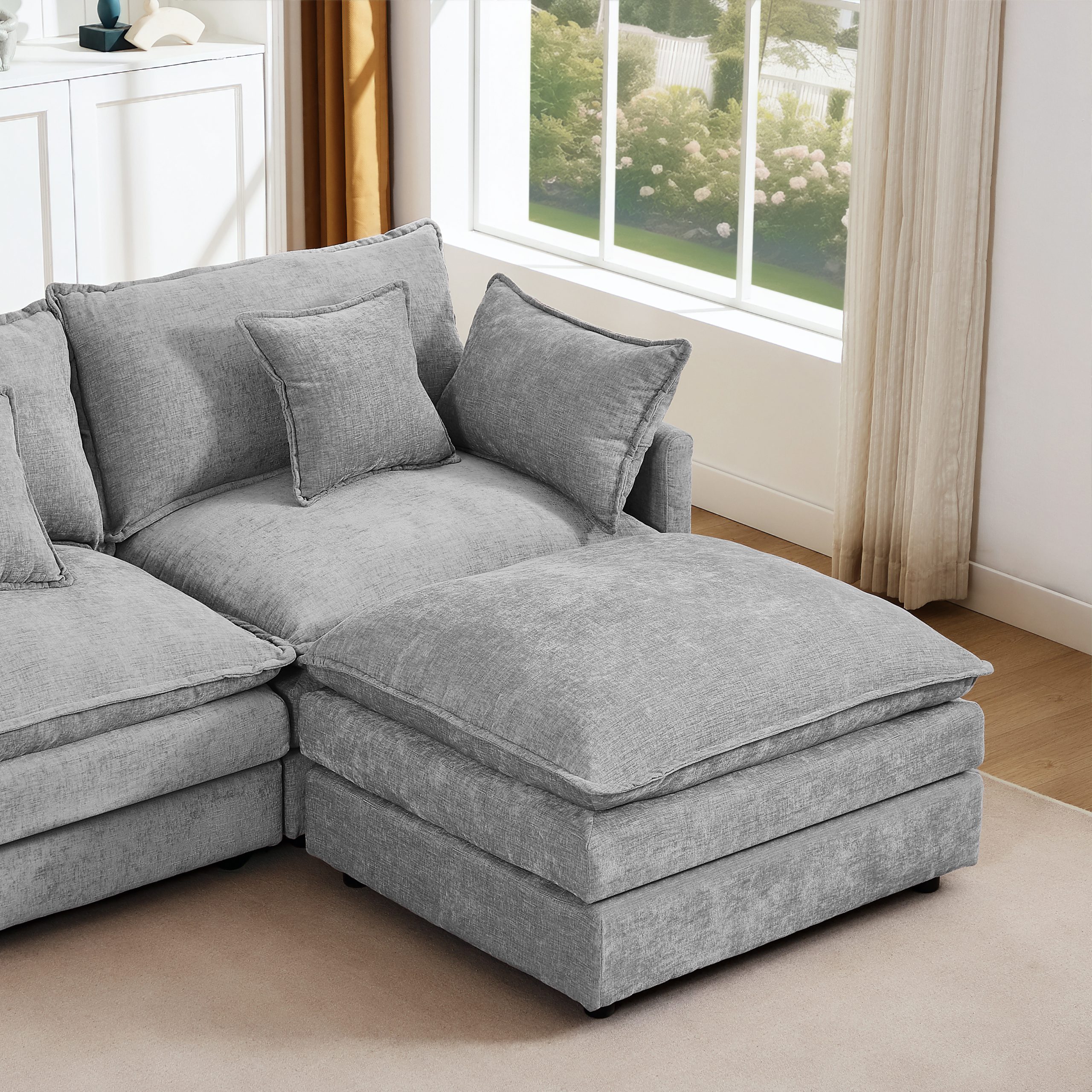 Modular Sectional Sofa, 102 Inch L Shaped Couch Set for Living Room, 3-Seater Comfy Cloud Couches with Movable Ottoman, DIY Combination, Chenille, Grey - Image 4